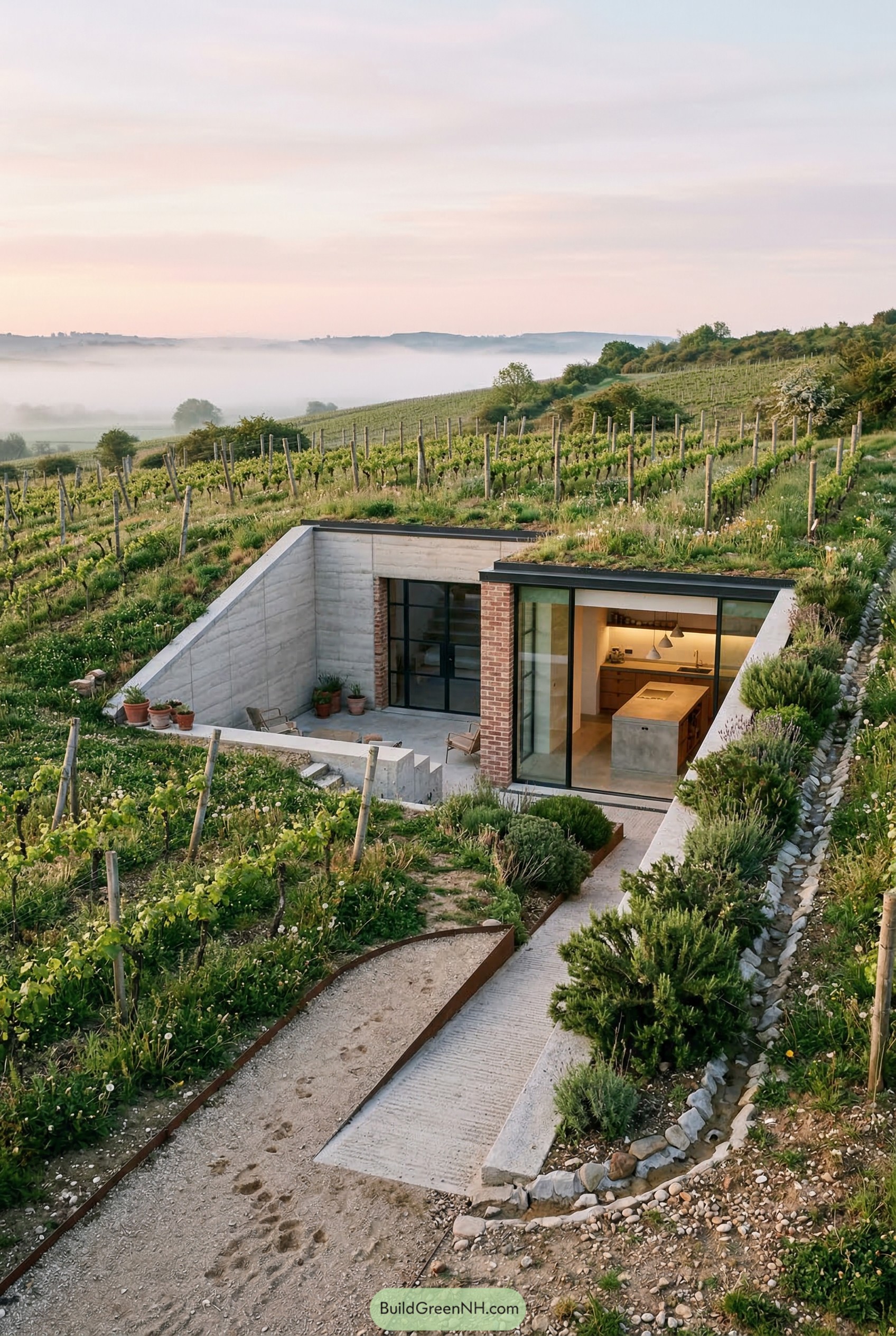 Sunken concrete and brick home in a vineyard