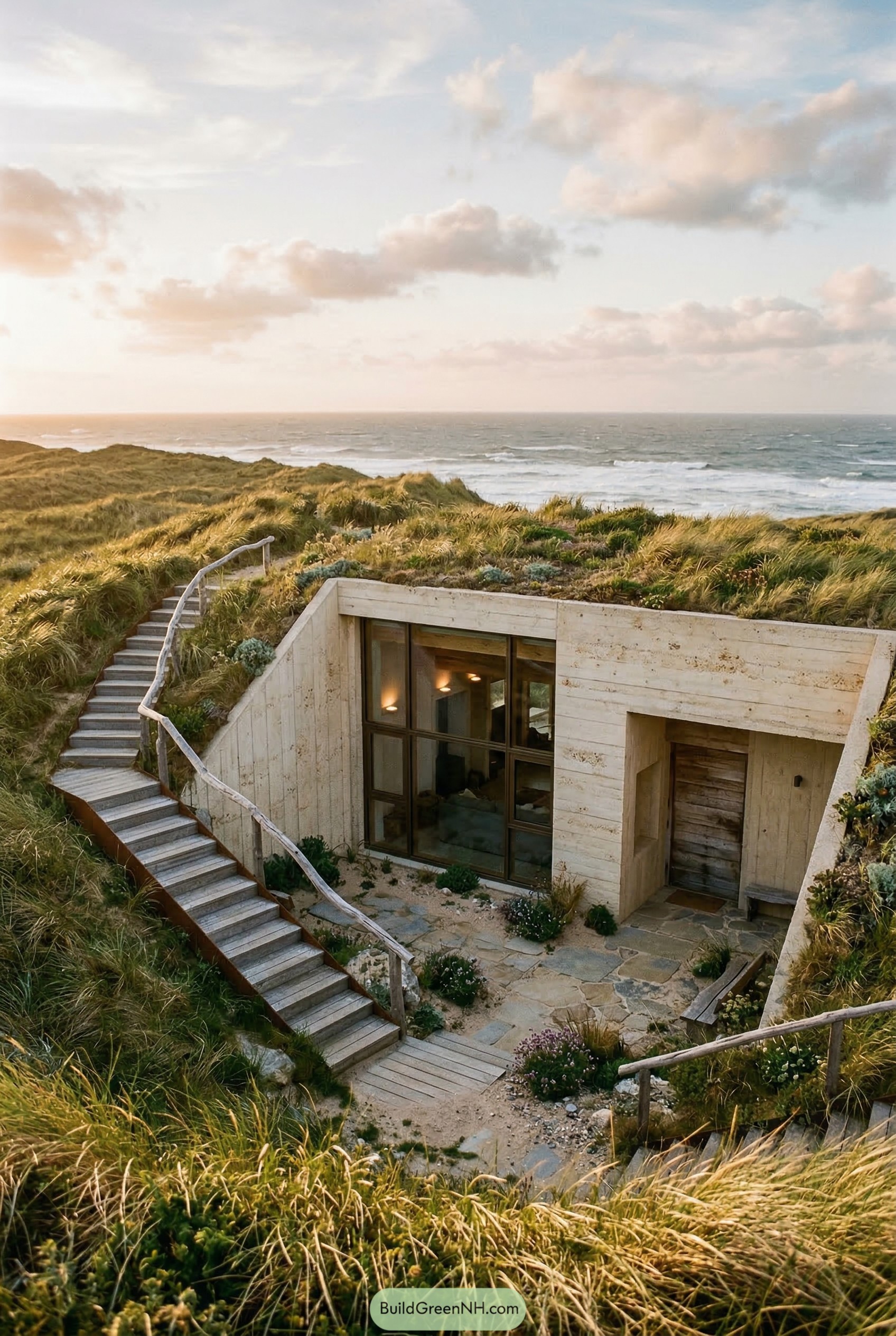 Sunken concrete house nestled in coastal dunes