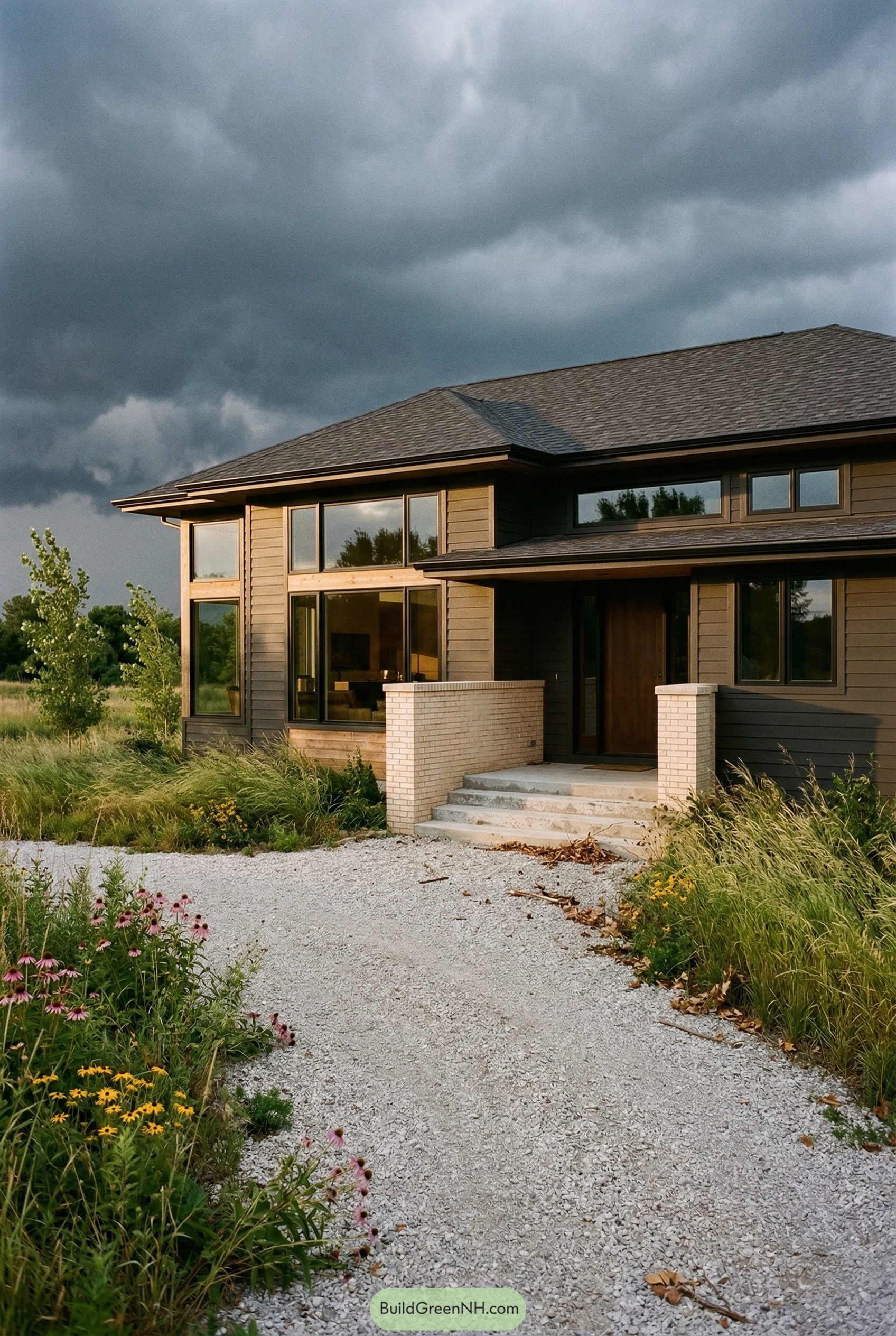 Bronze modern house with gravel path and wild grasses