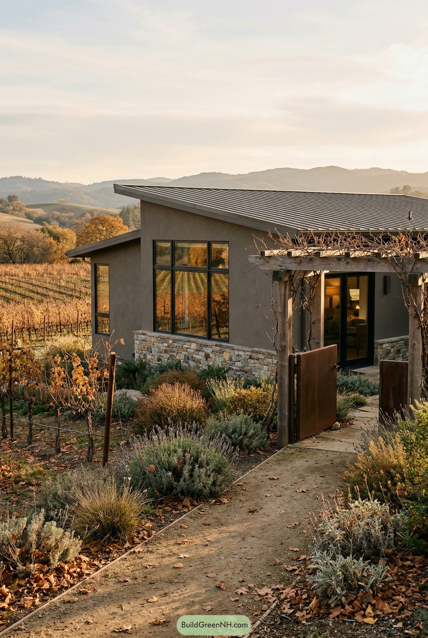 Bronze-toned modern house with vineyard pergola