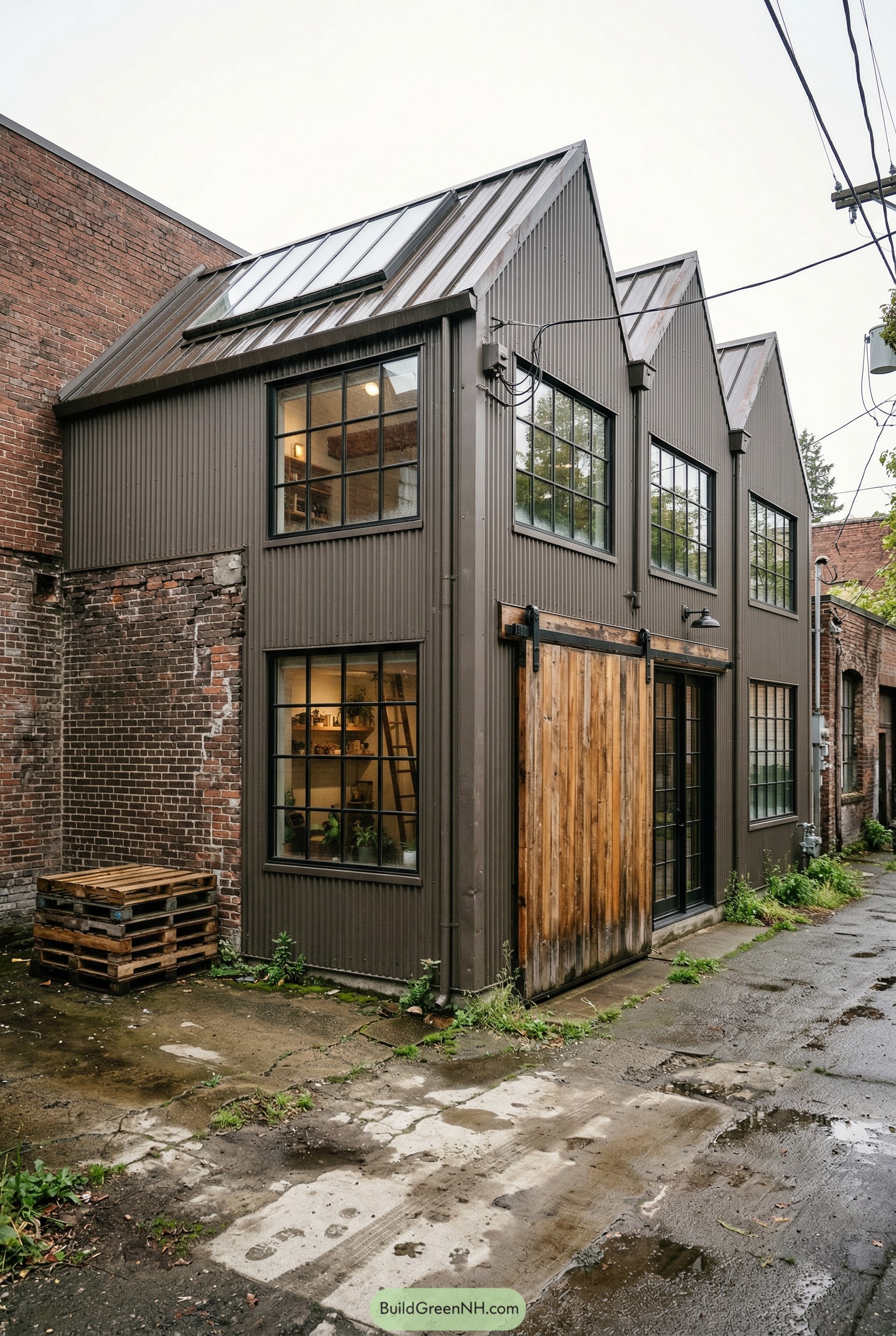 Bronze corrugated alley house with three gables and wood door