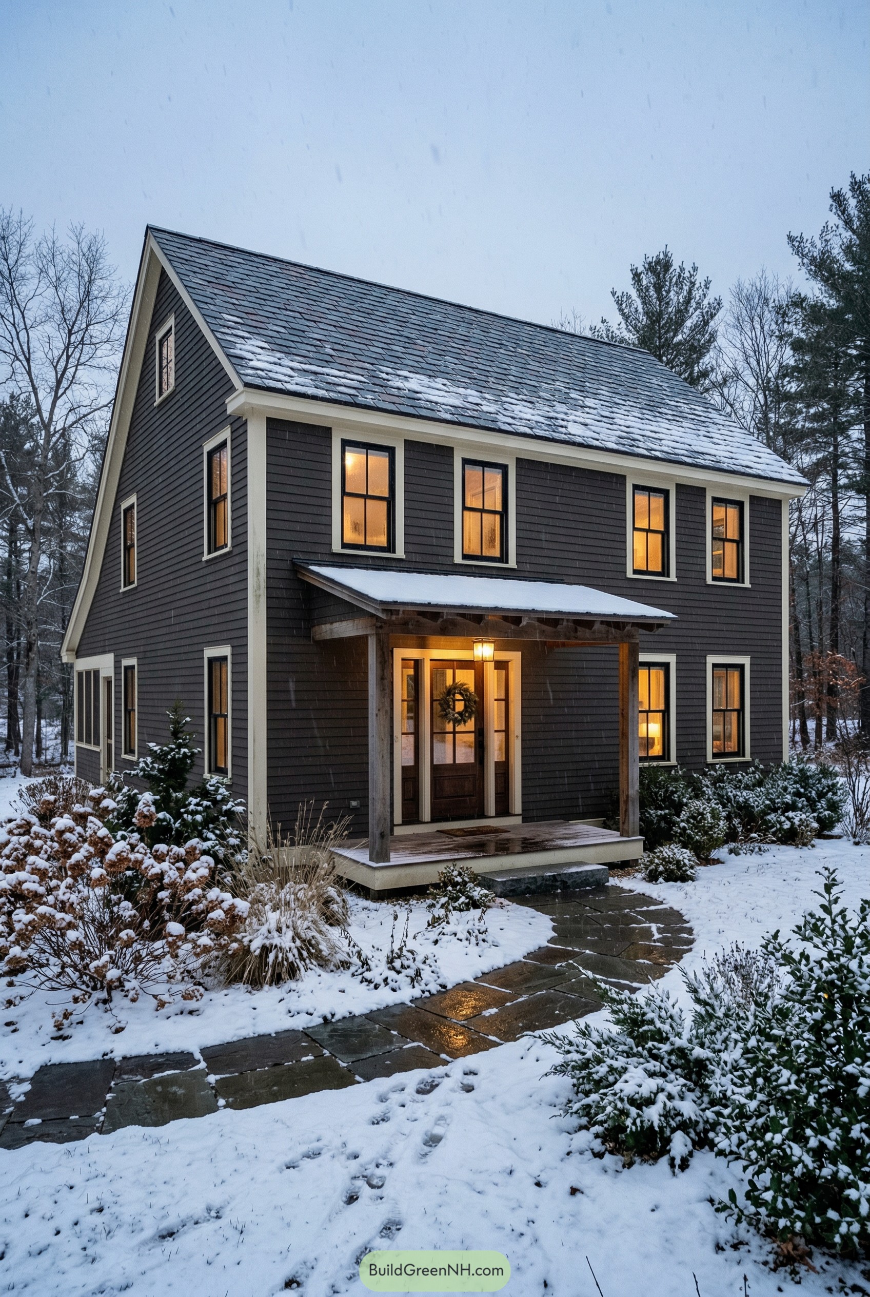 Dark bronze farmhouse with timber porch in snow