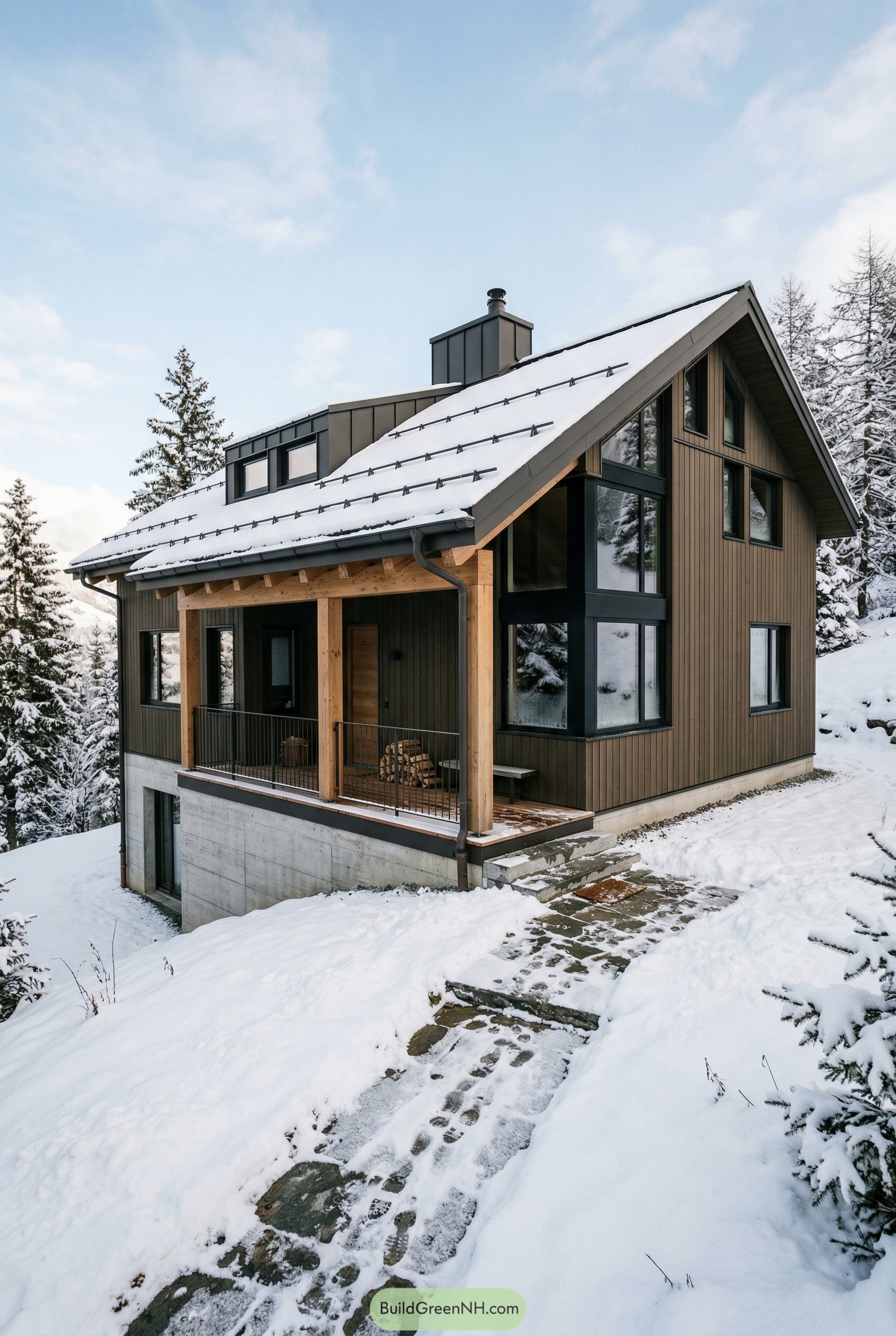 Bronze gabled house in snowy forest