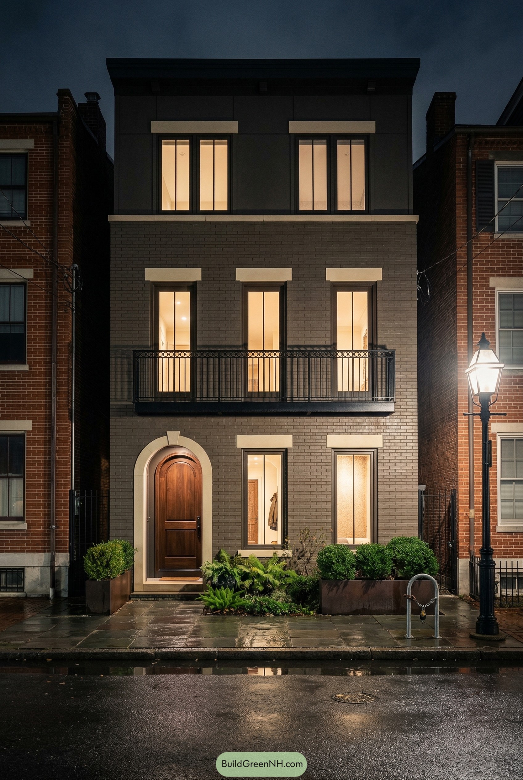 Bronze brick townhouse with balcony and arched door