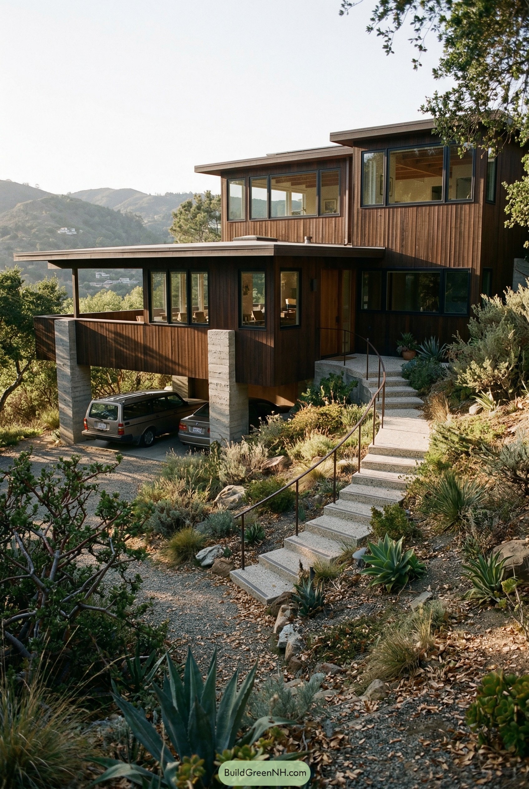Bronze hillside home with carport and stairs