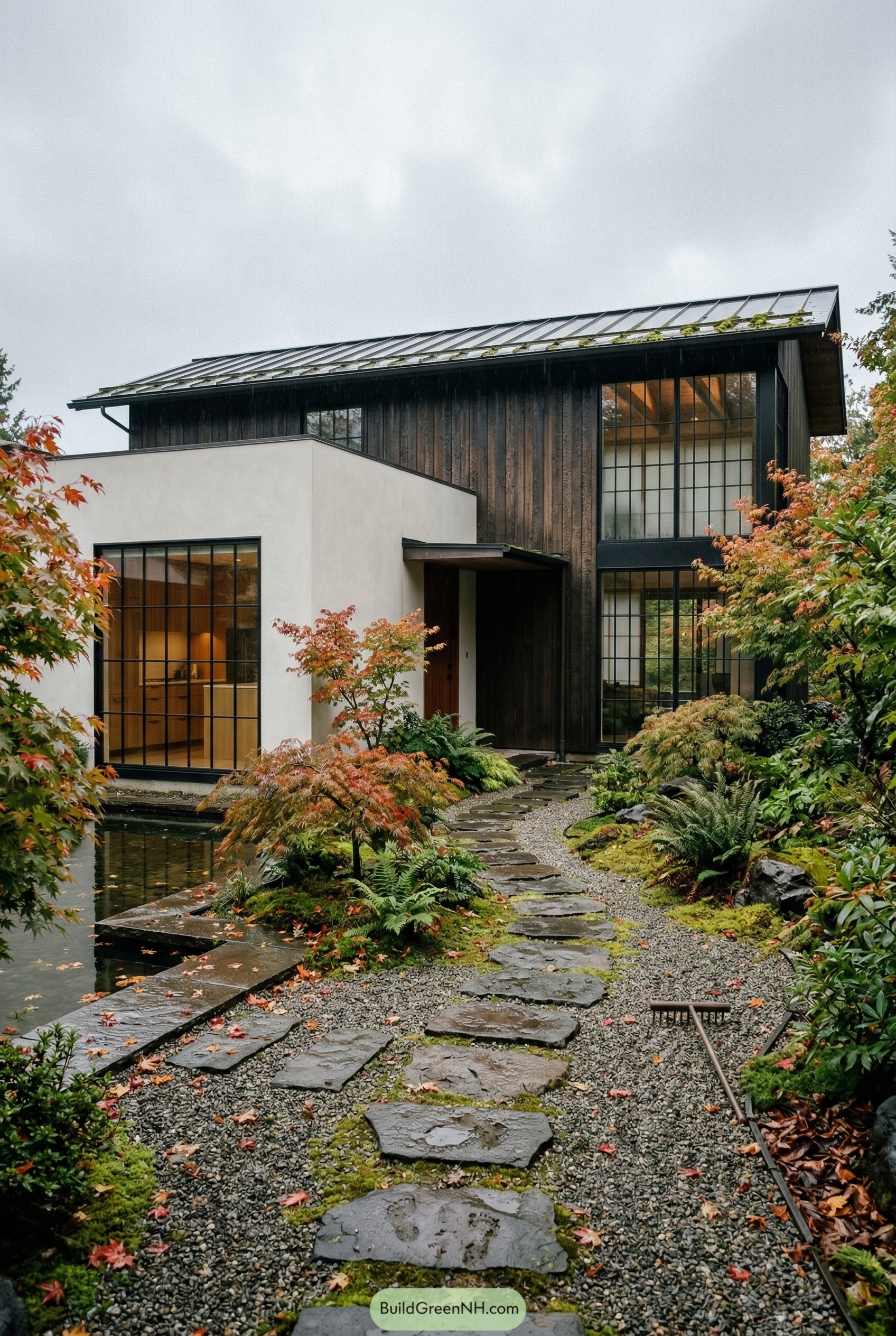 Bronze modern home with pond and stone path