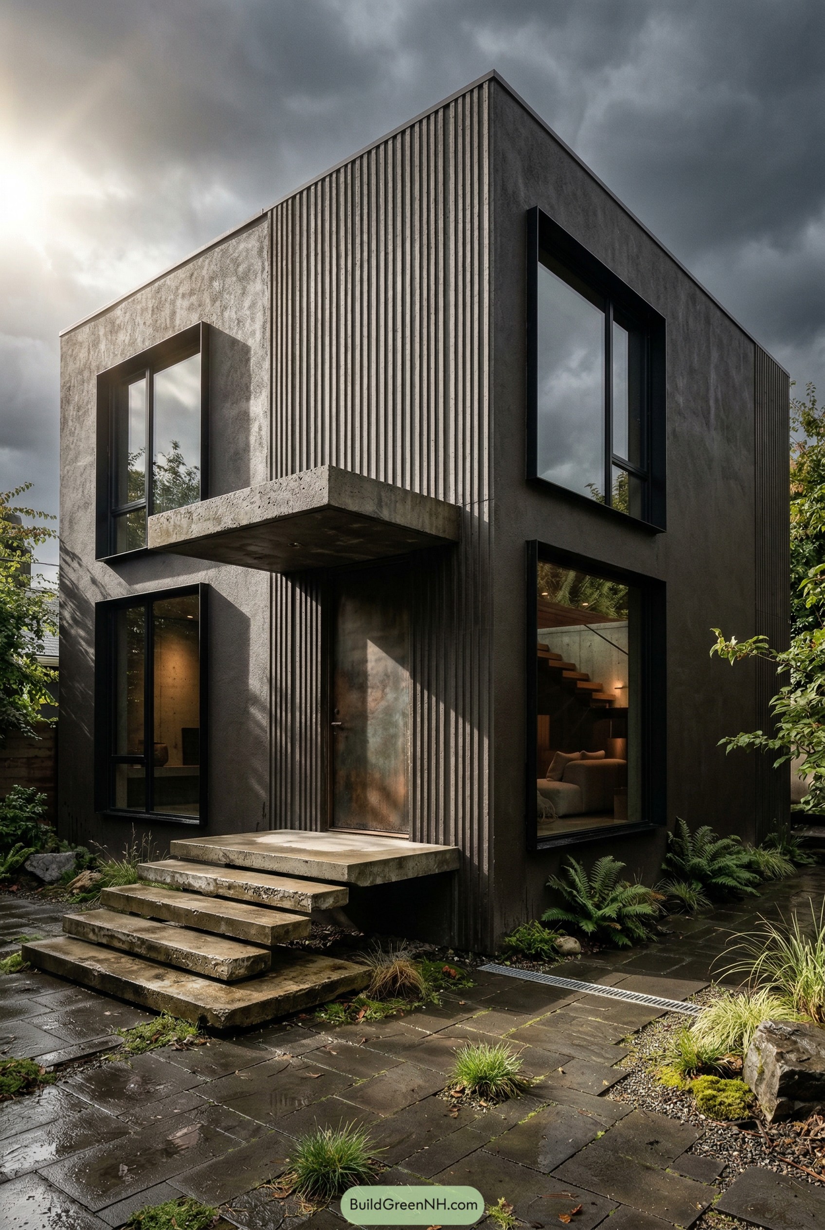 Dark bronze cube house with concrete steps