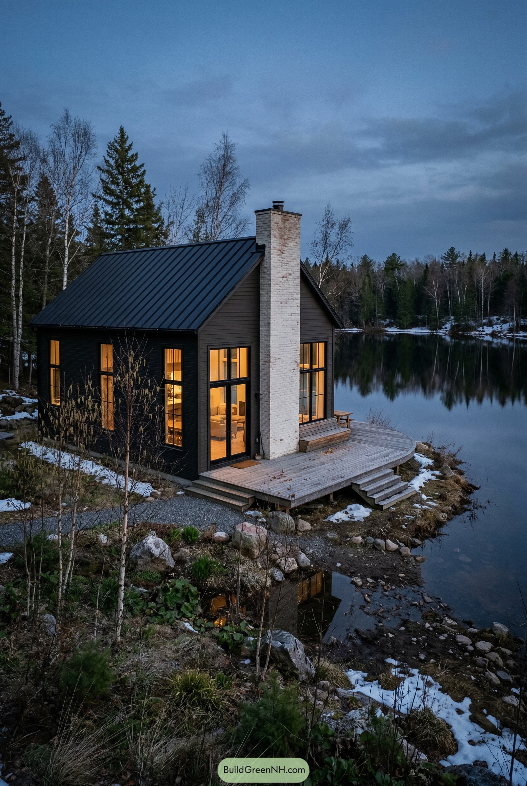 Dark bronze lake cabin with white chimney