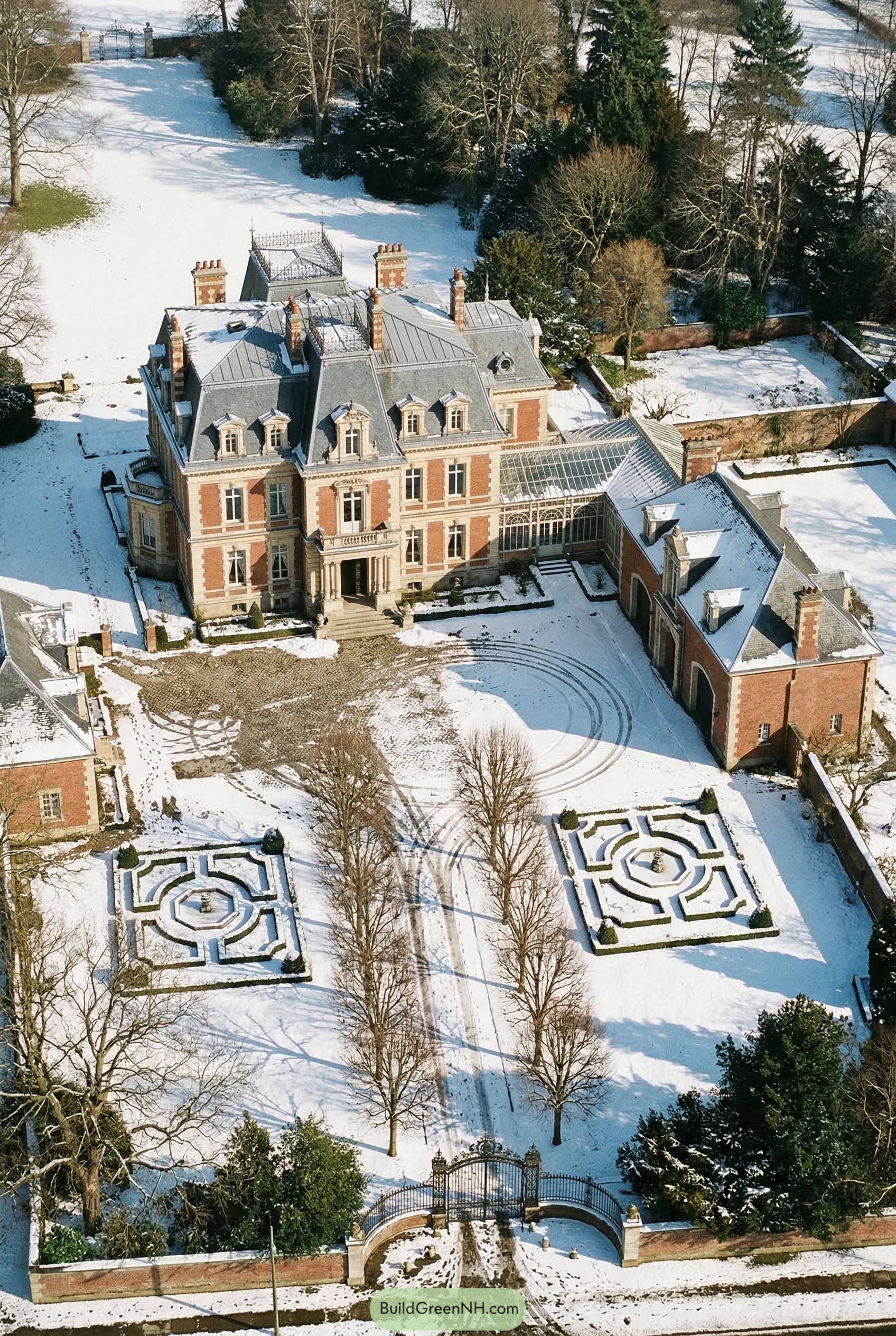 Aerial view of a snowy brick mansion with mansard roof and formal gardens