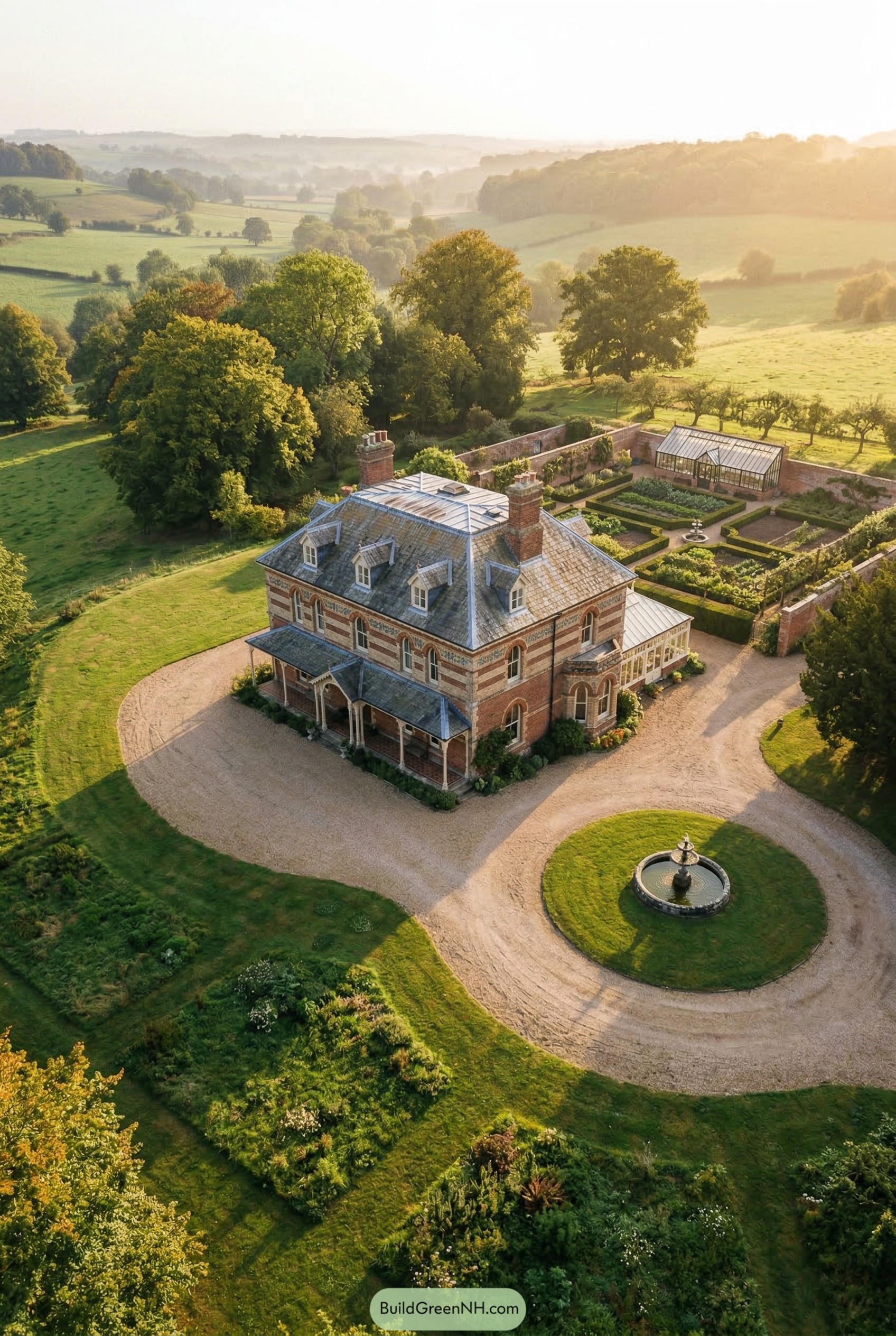 Brick Victorian mansion with walled formal garden
