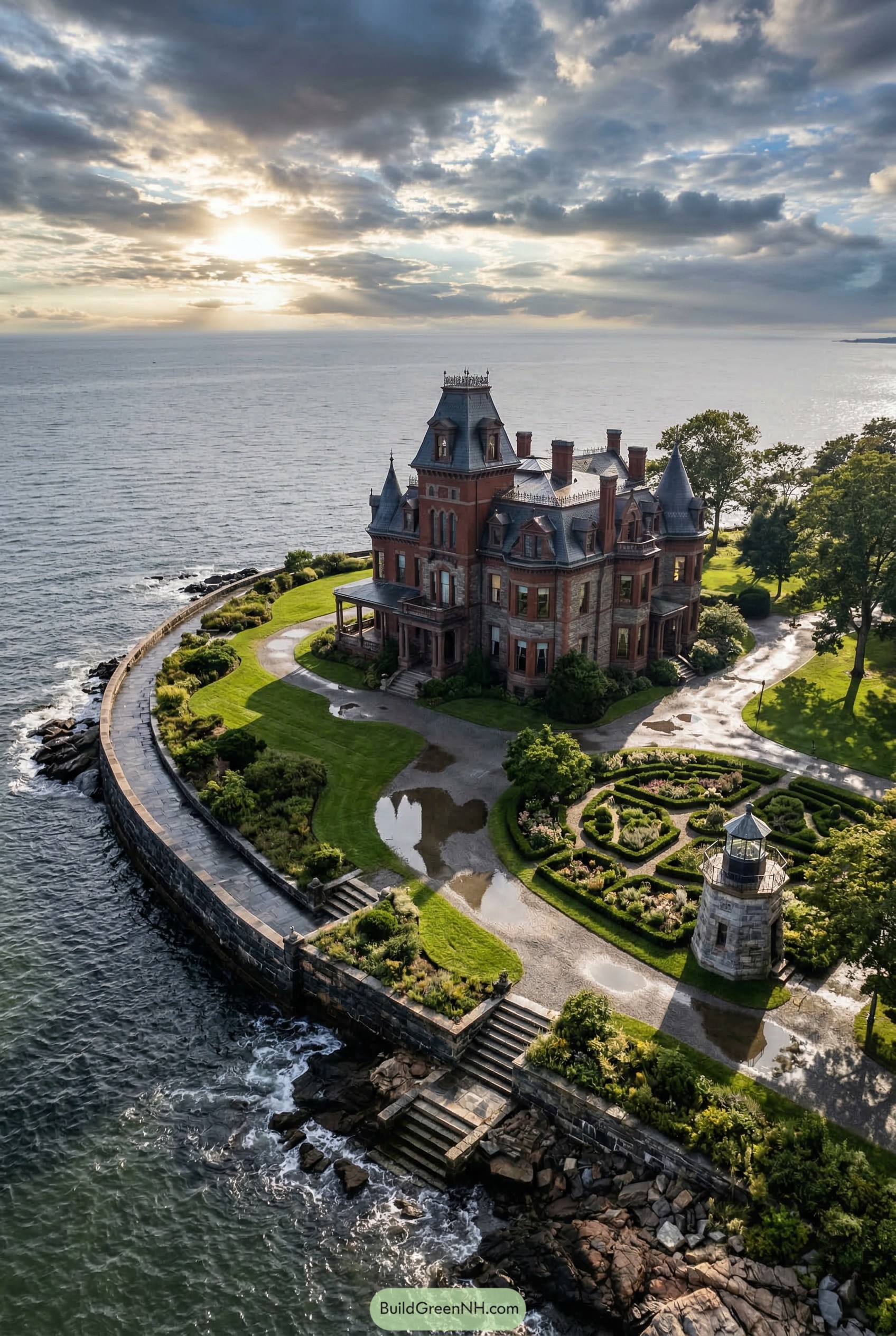 Oceanfront Victorian mansion with turrets and parterre garden