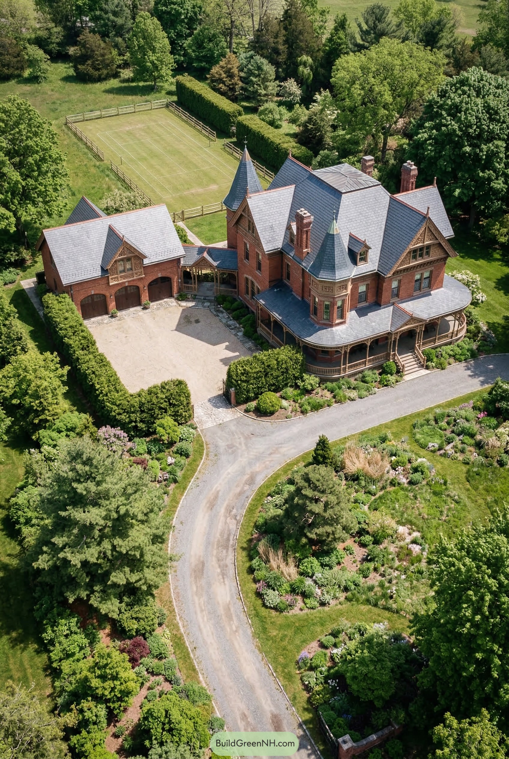Aerial view of a red brick Victorian mansion with a turret porch and tennis court