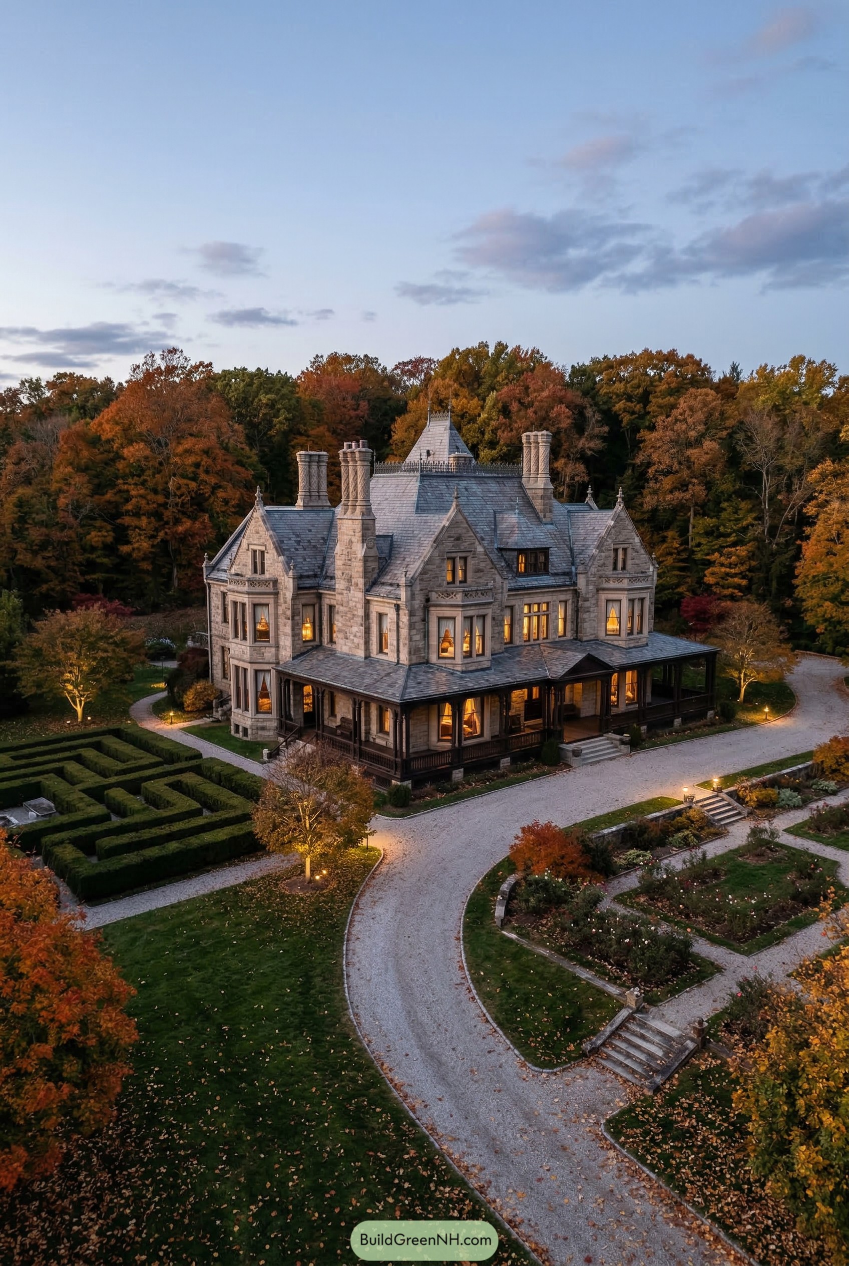 Stone Victorian mansion with steep gables and formal gardens