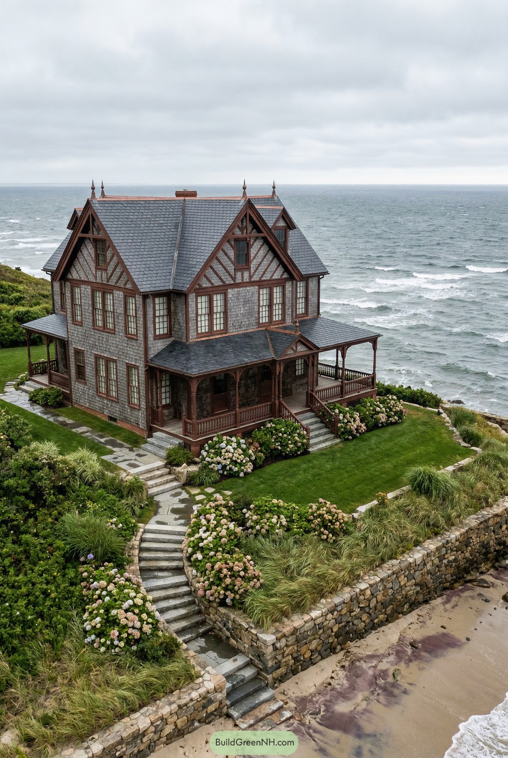 Oceanfront Victorian manor with steep gables and wraparound porch