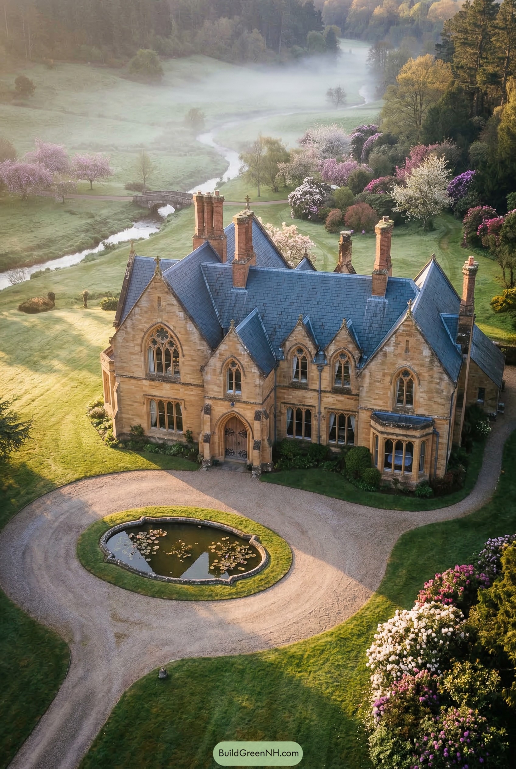 Stone Gothic Revival mansion with steep gables and oval drive pond