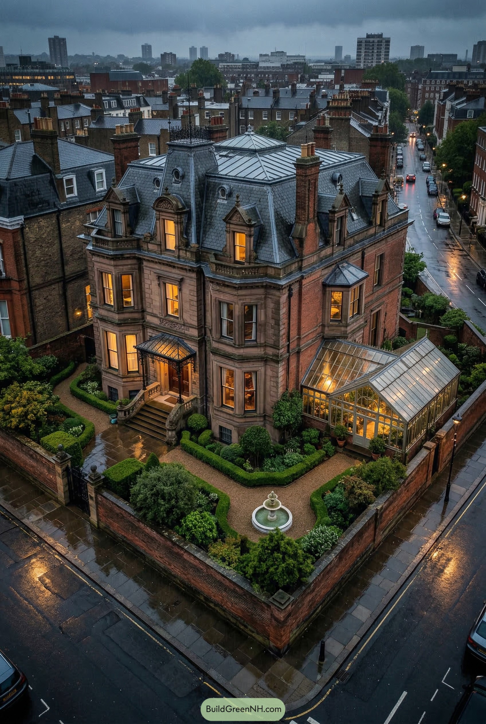 Victorian corner mansion with mansard roof and glass conservatory