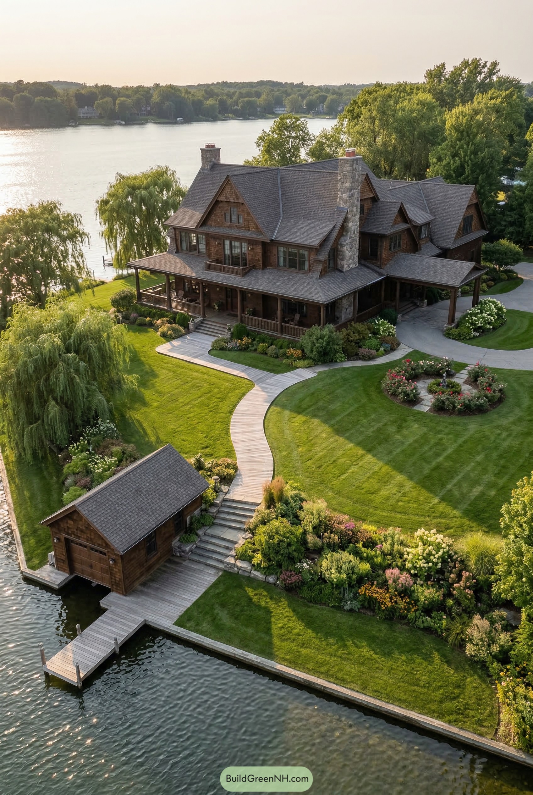 Large cedar lakeside mansion with dock and boathouse