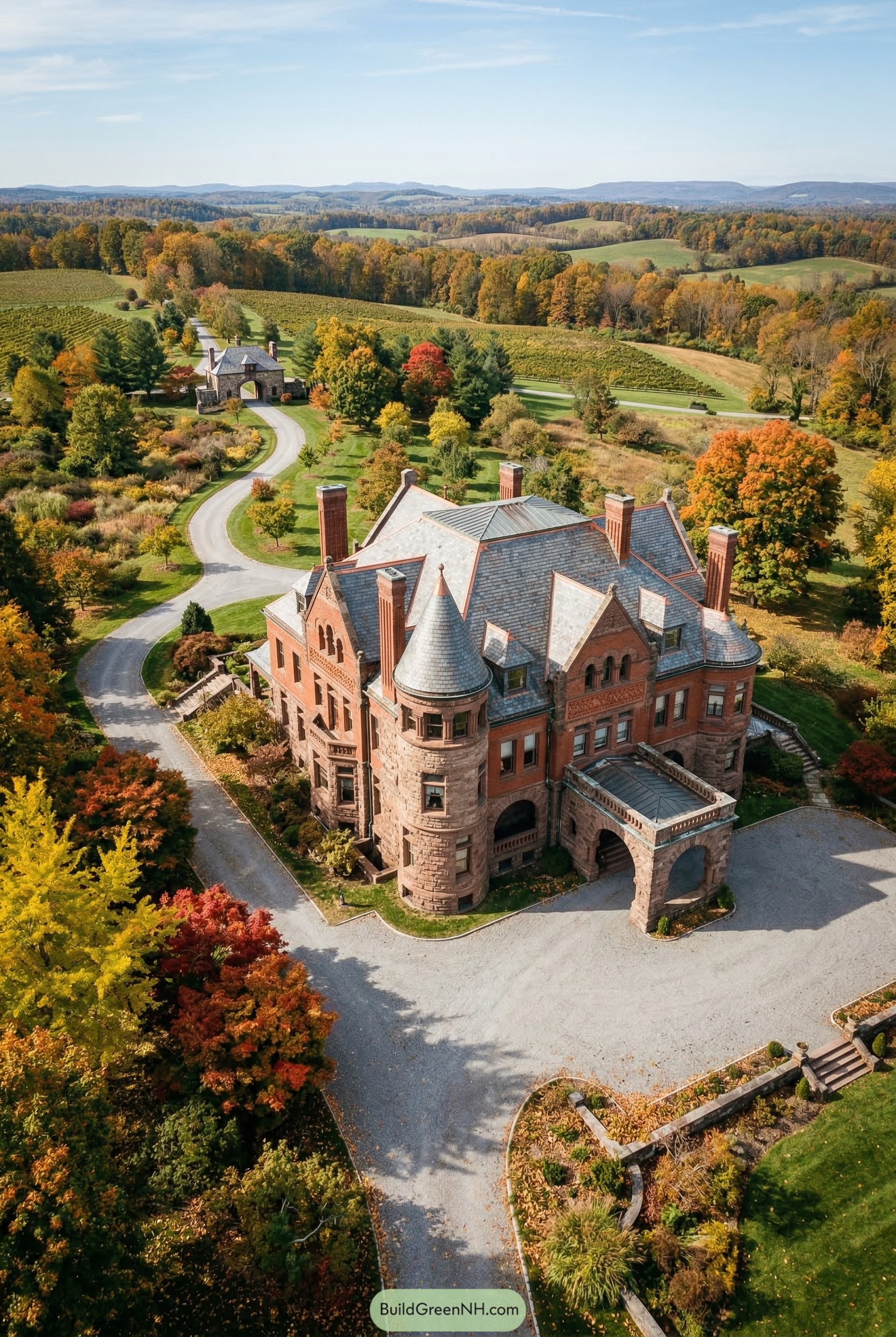 Brick and stone Victorian mansion in autumn countryside