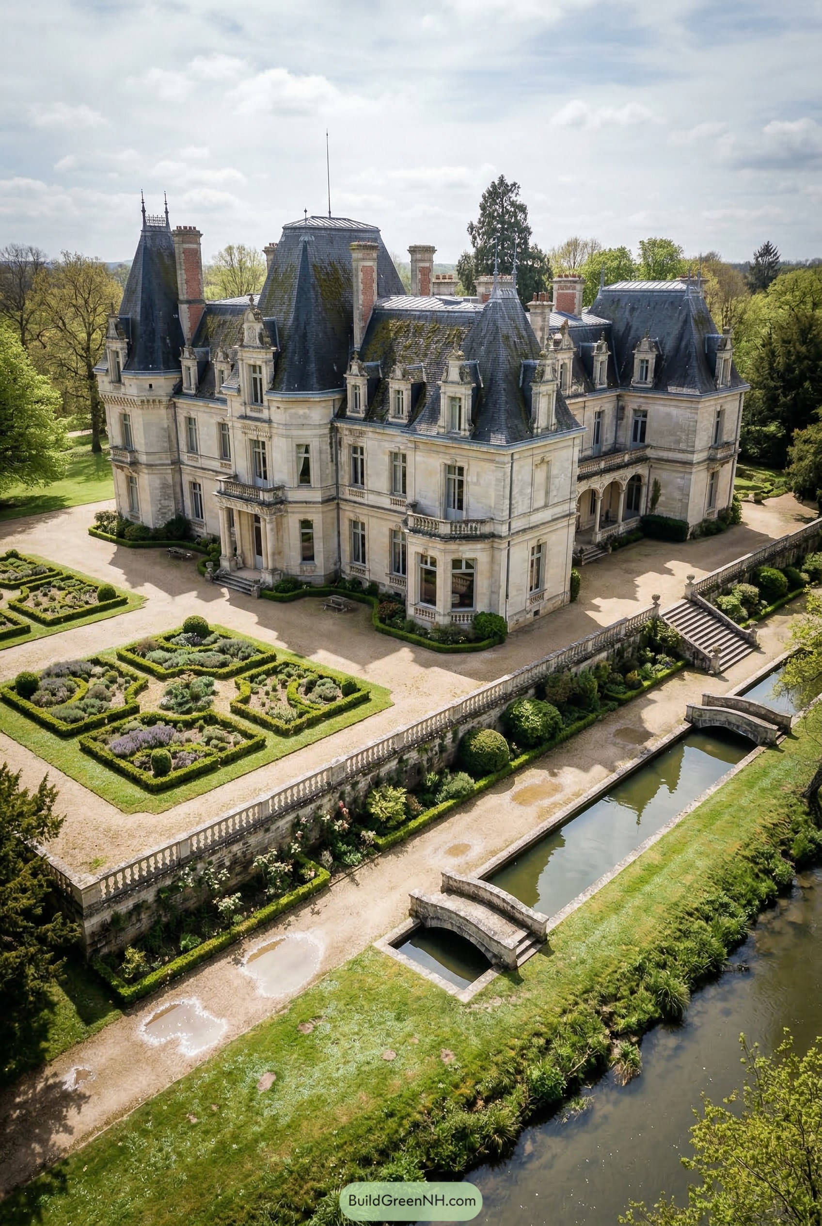Stone mansion with mansard roofs and canal garden
