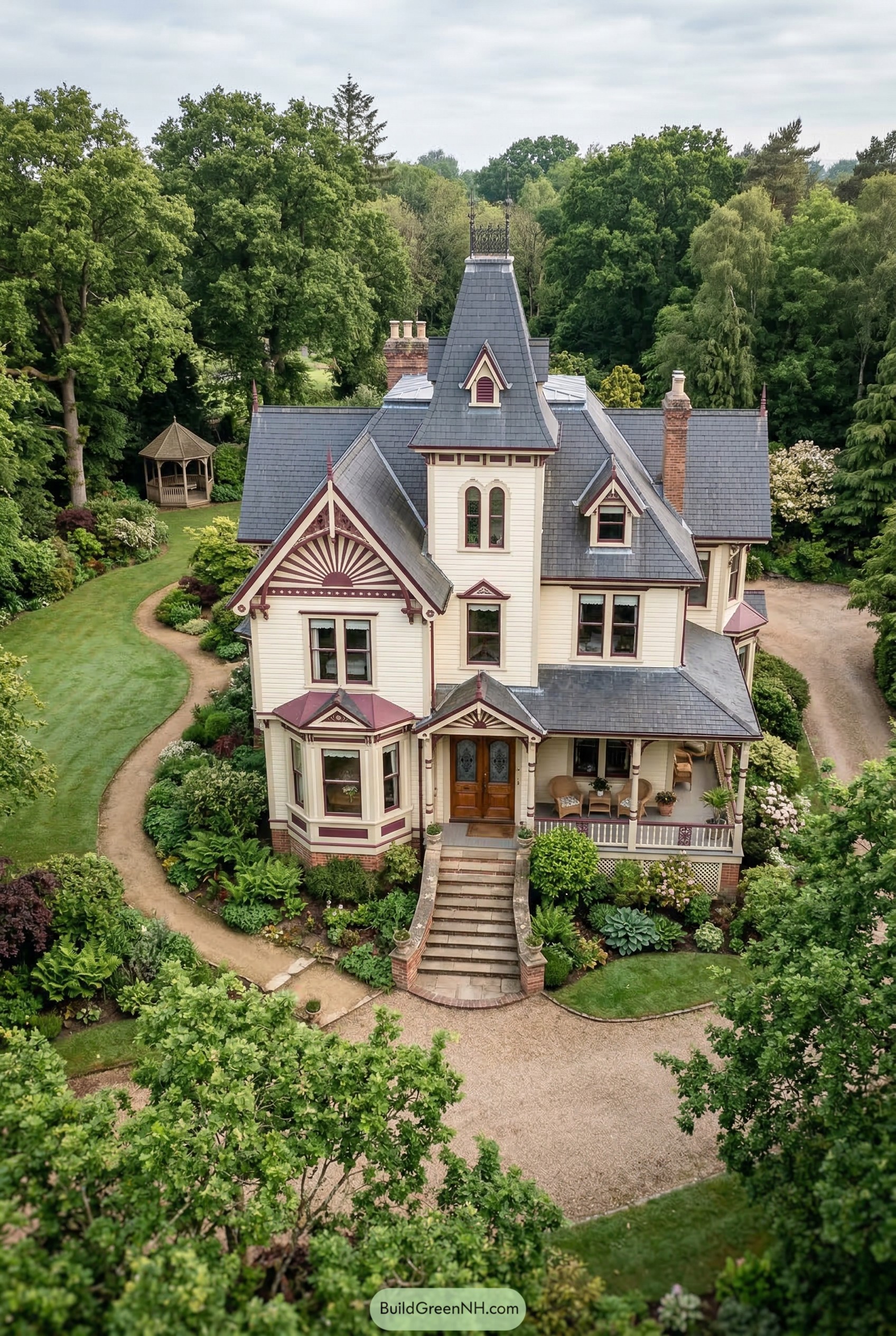 Victorian house with tower porch and curving garden paths