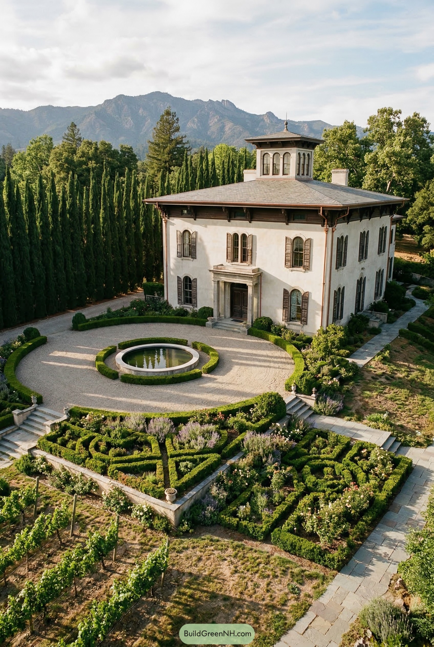 Italianate mansion with parterre garden and cupola