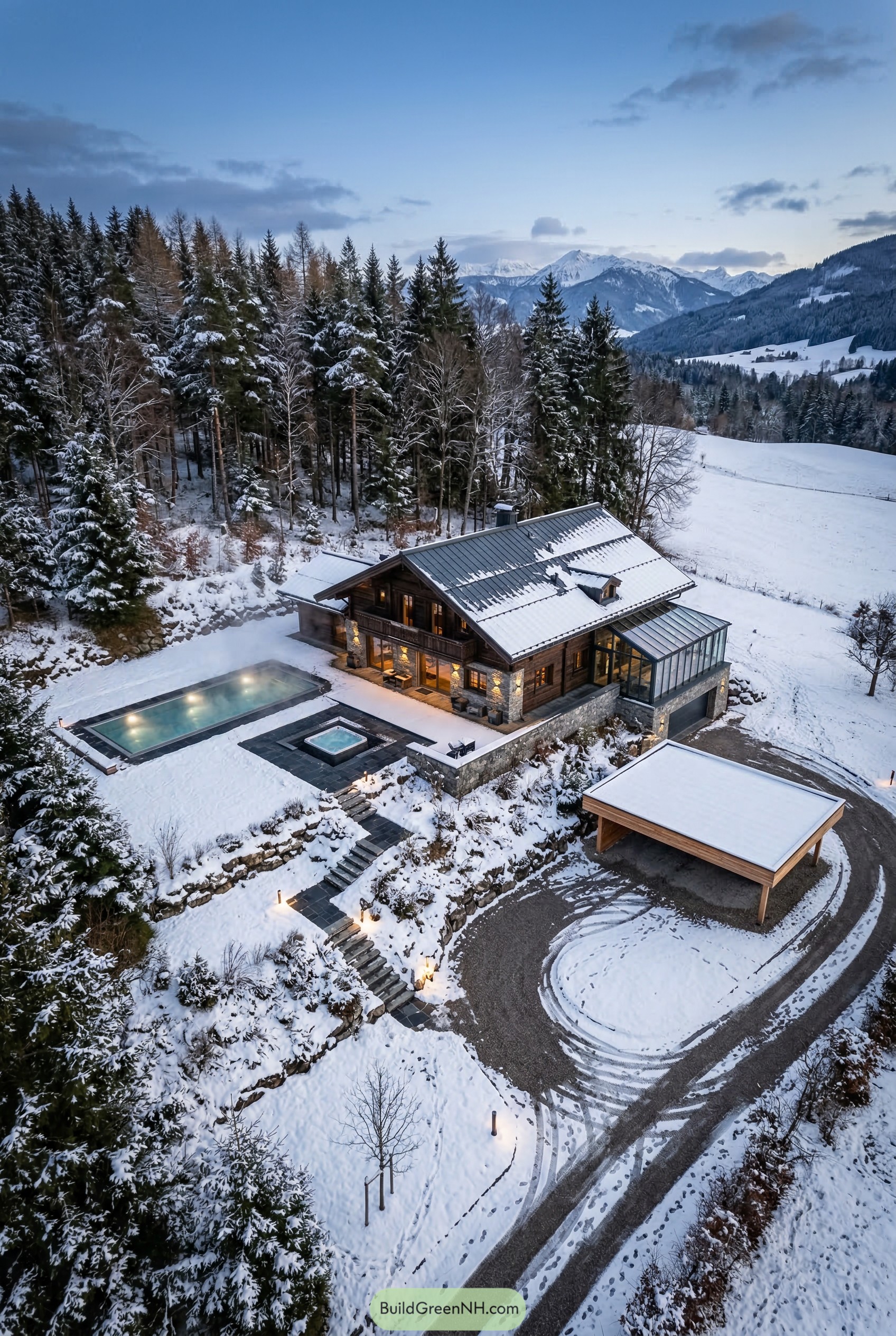 Snowy alpine villa with heated pool and terraces