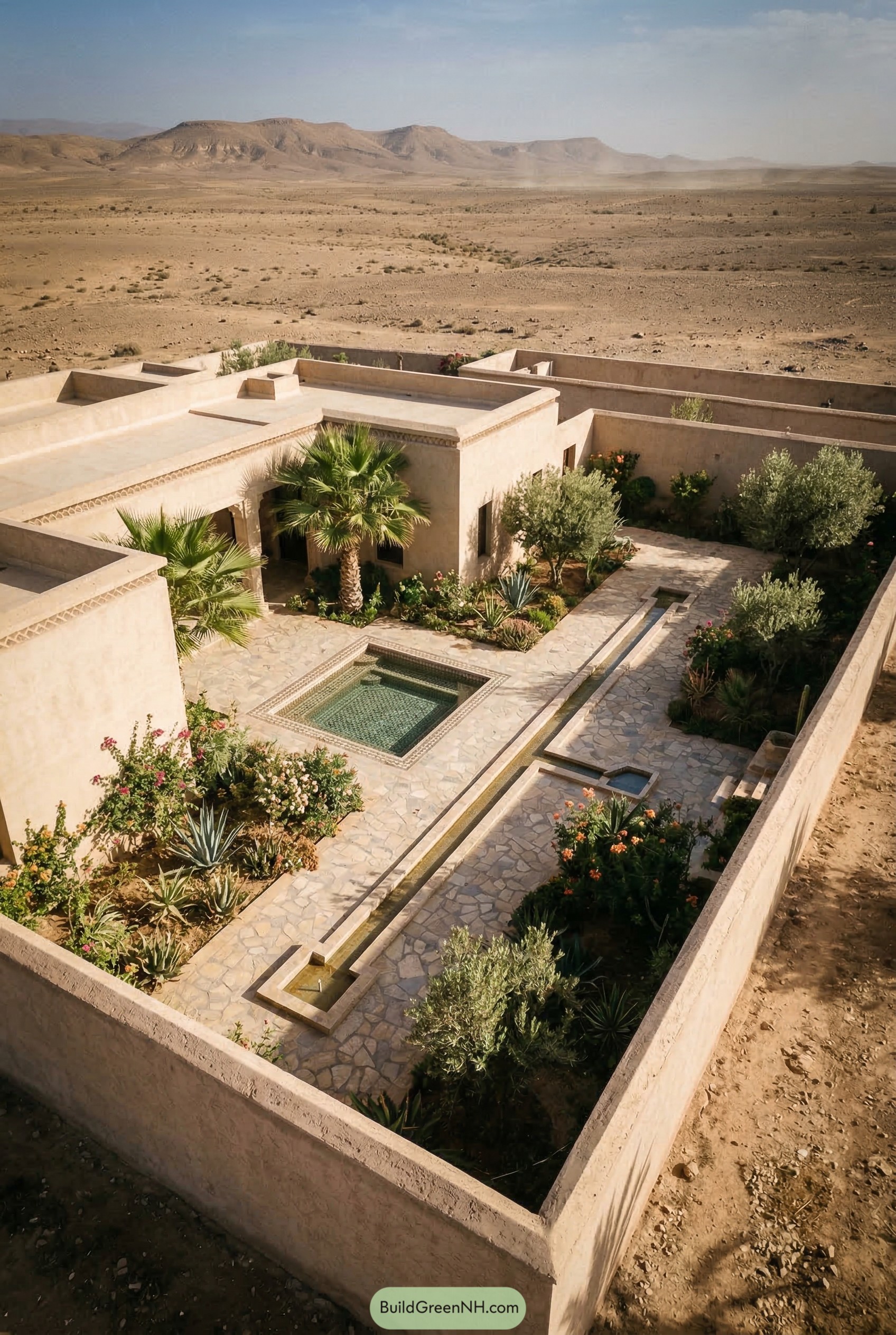 Walled desert villa courtyard with water rill