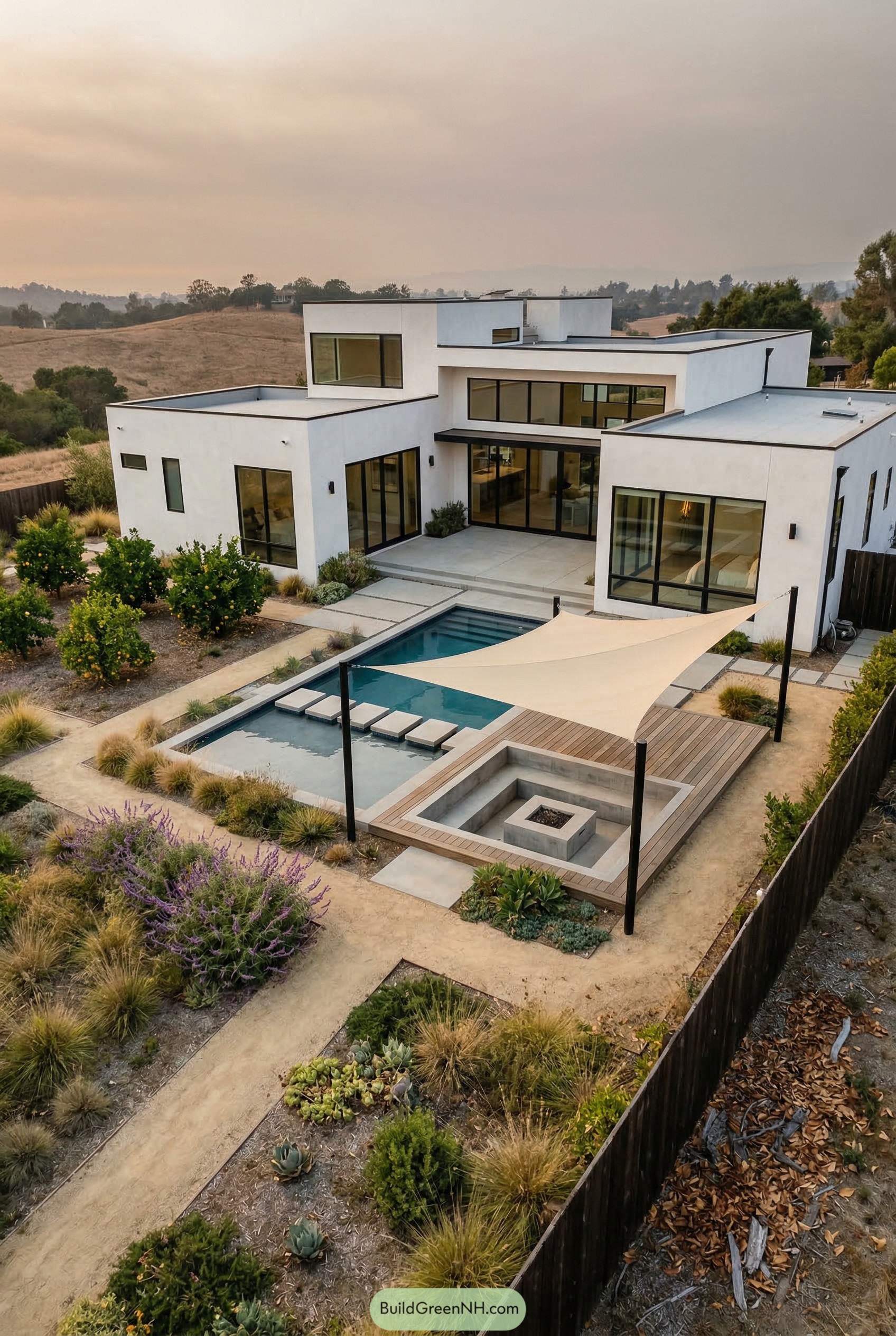 Modern villa garden with lap pool and shade sail