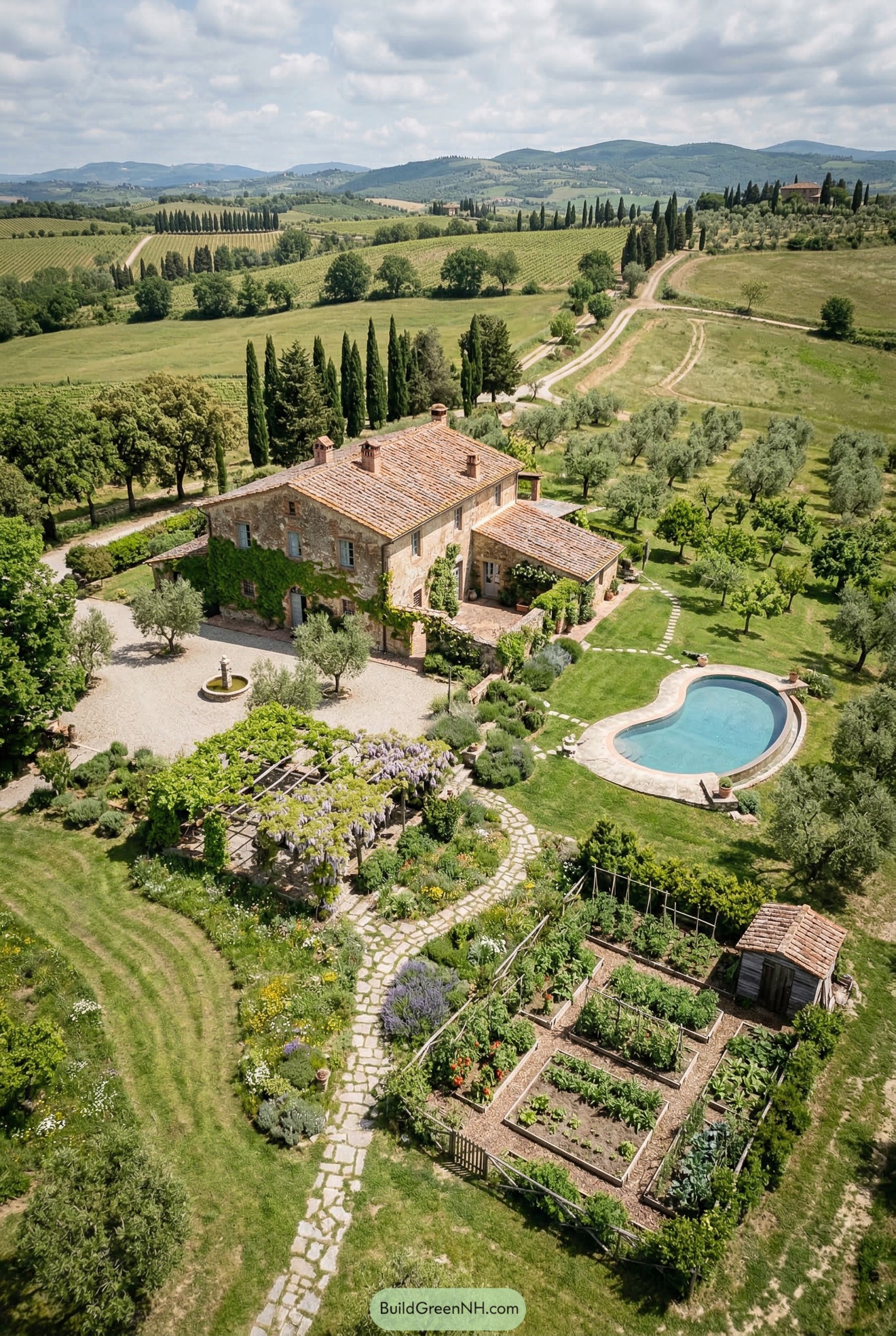 Stone villa with pool pergola and kitchen garden