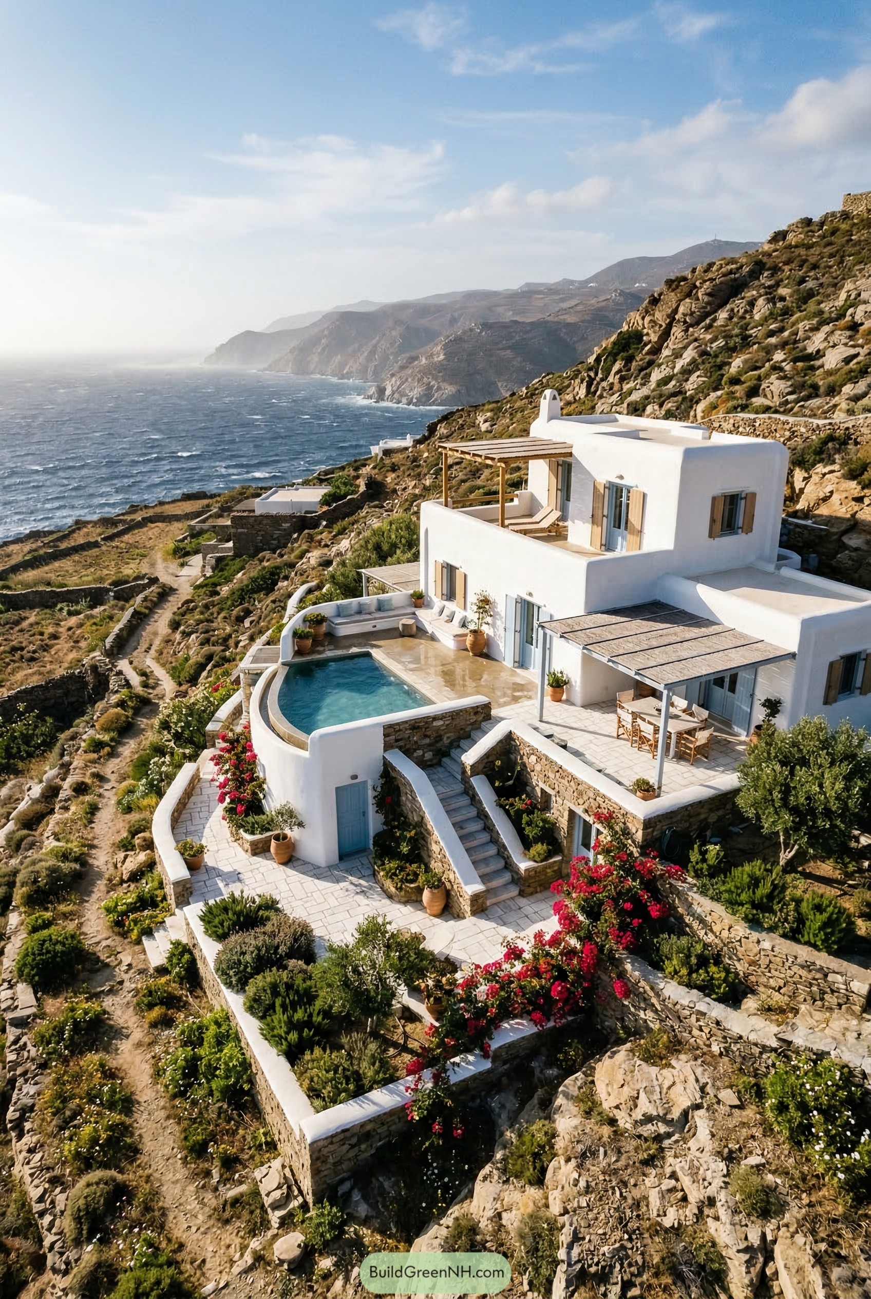 Whitewashed cliffside villa with terraced pool garden