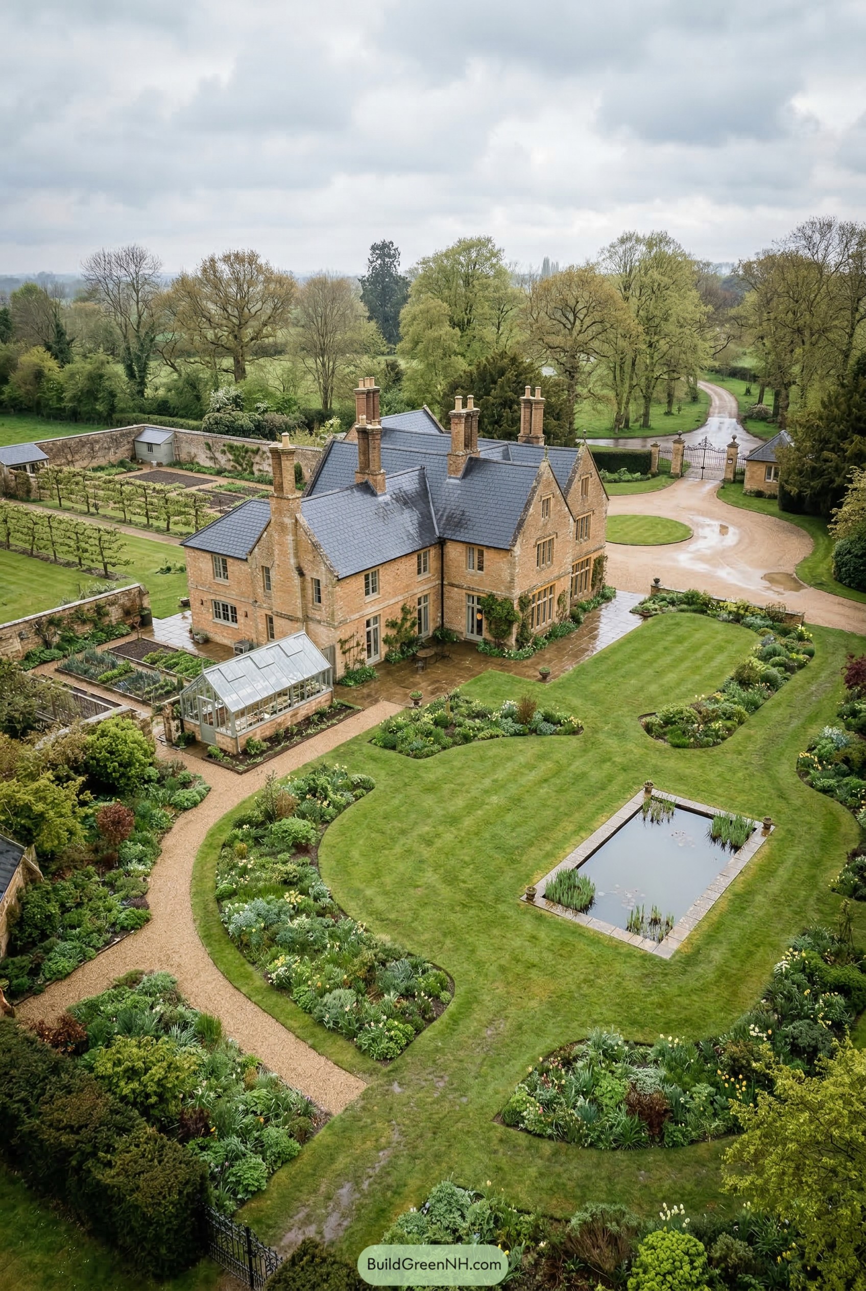 Stone manor garden with pond and walled beds