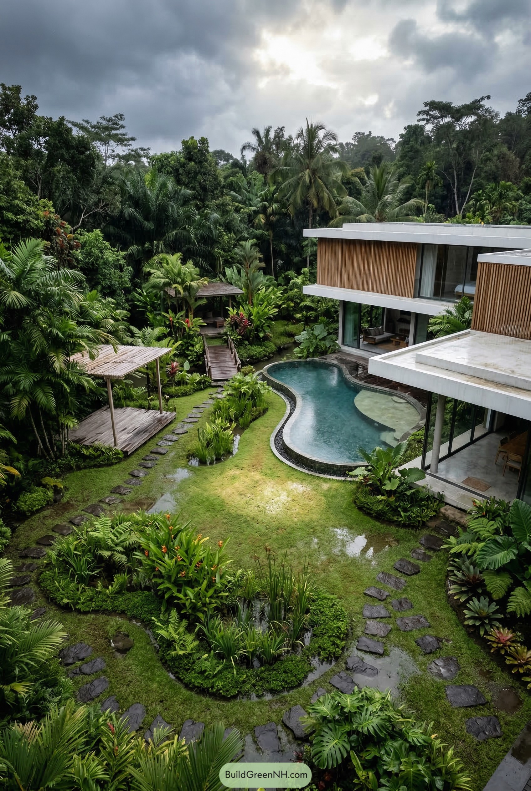 Modern villa with curving pool in lush tropical garden