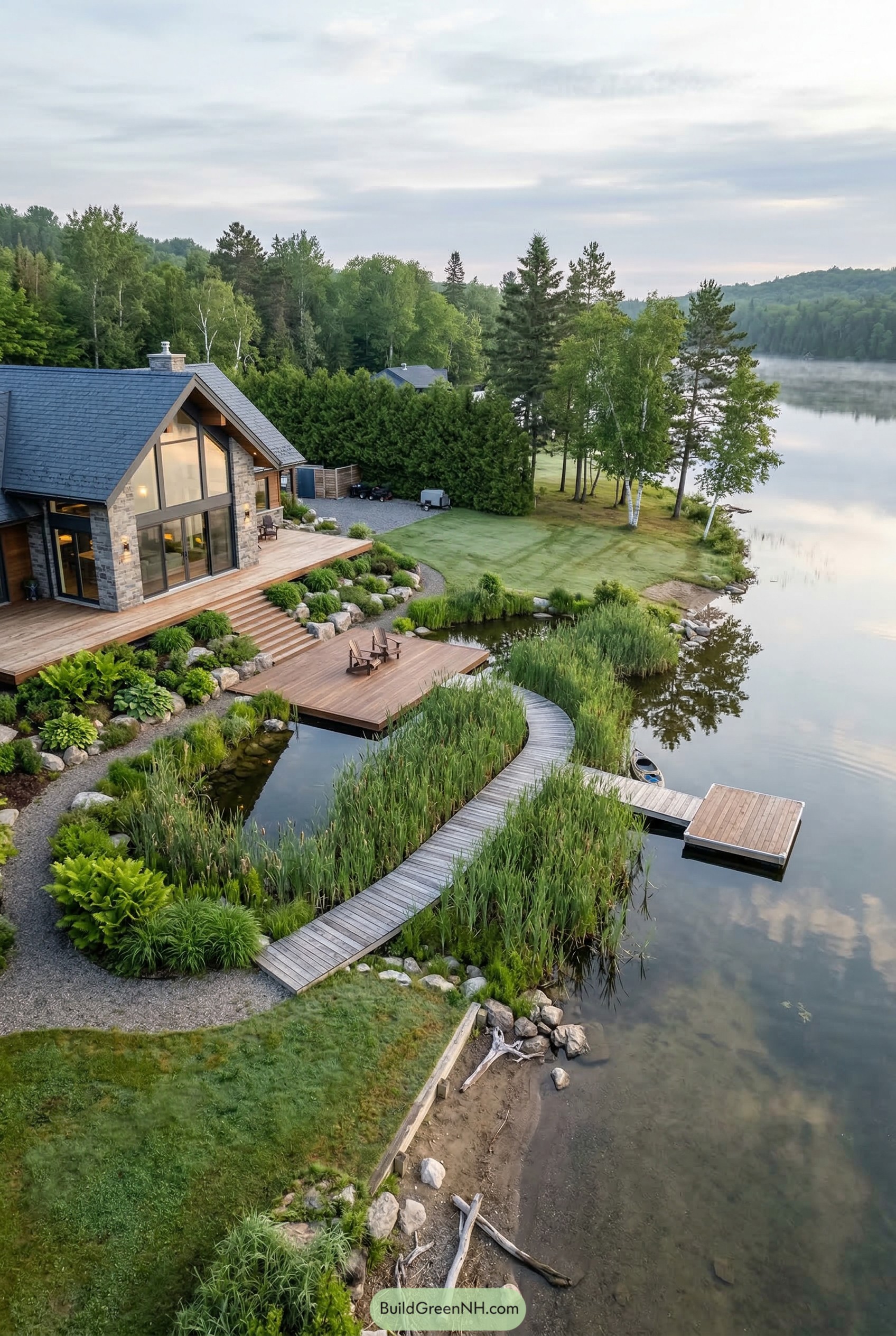 Lakeside villa with curved boardwalk dock