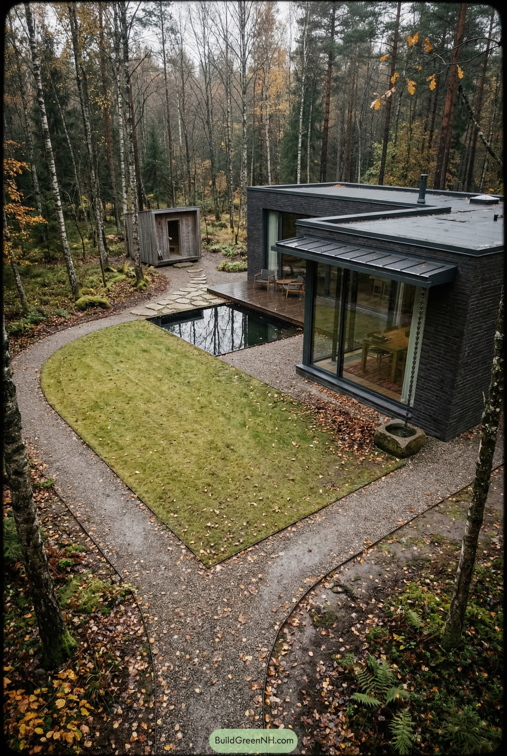 Modern forest villa with reflecting pool and curved gravel paths