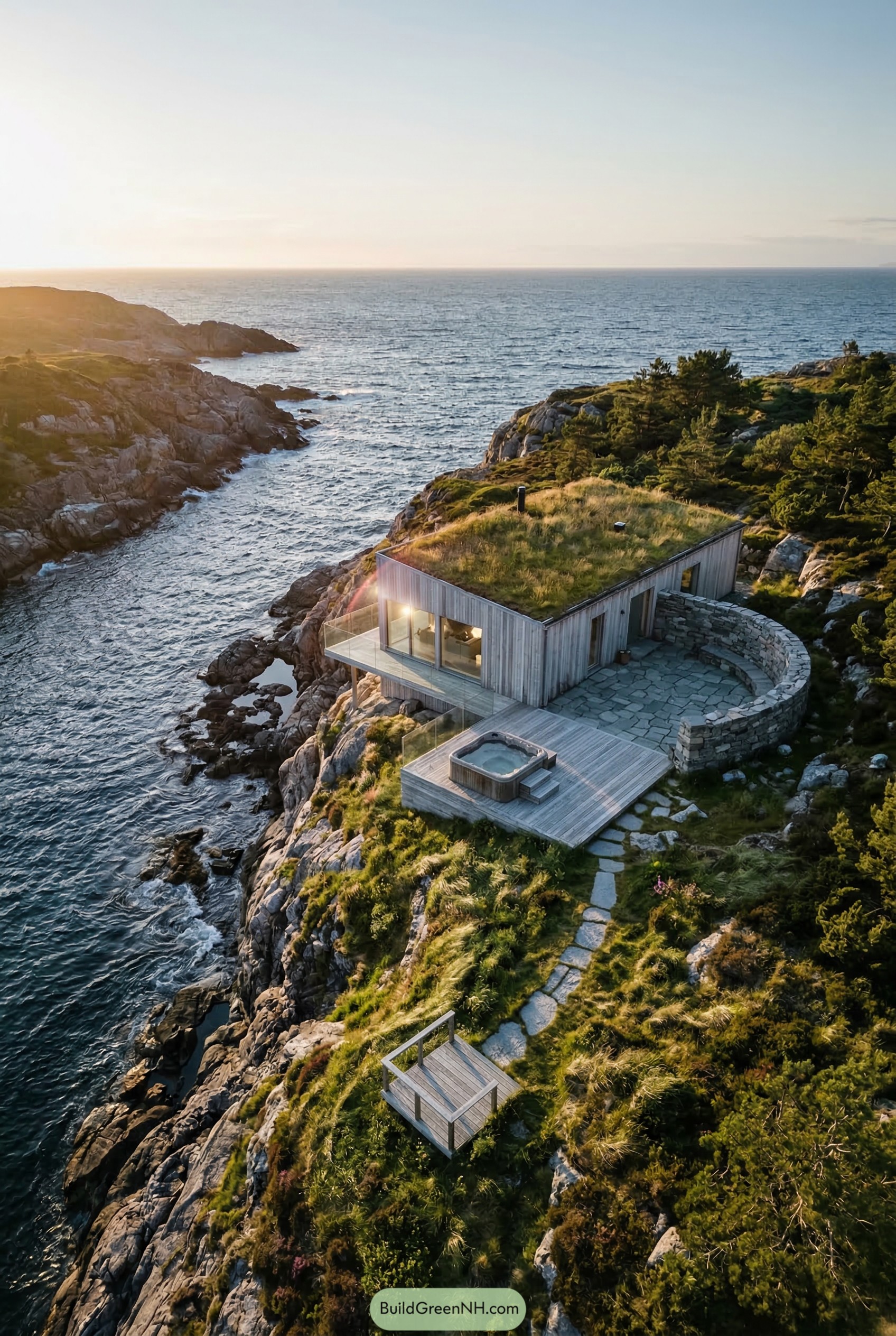 Coastal villa with green roof and hot tub