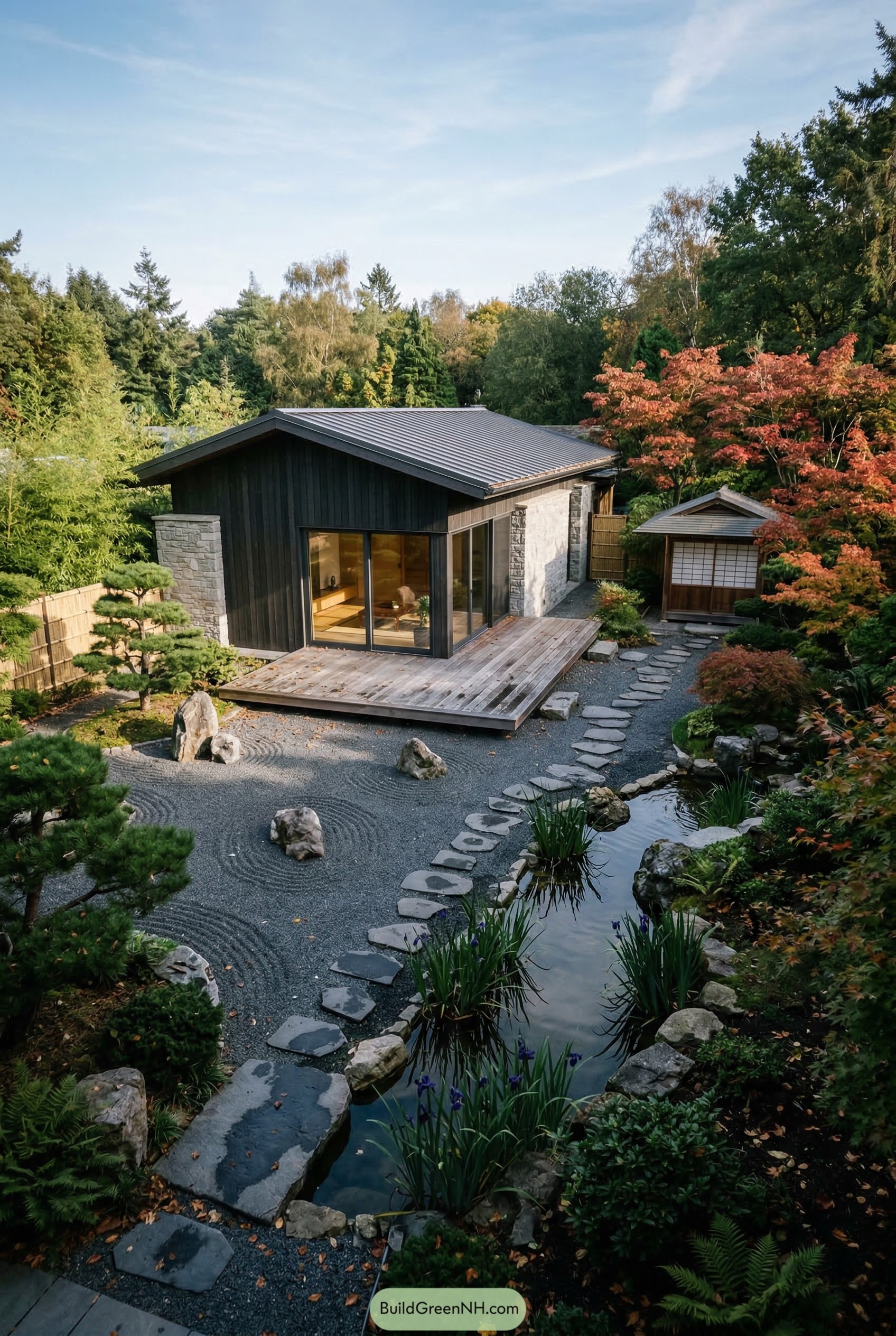 Japanese style villa with raked gravel garden and pond