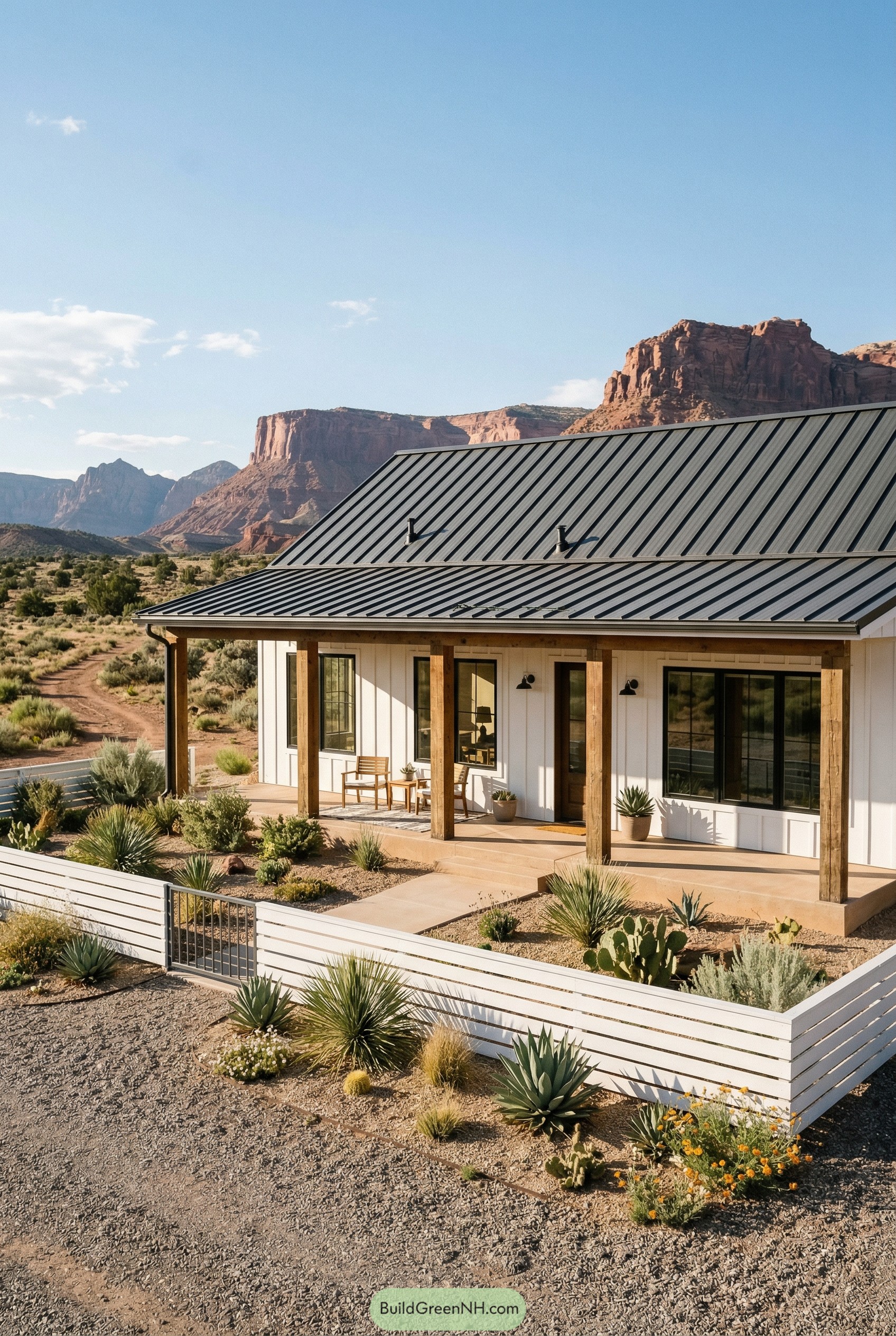 White slat fence around desert farmhouse