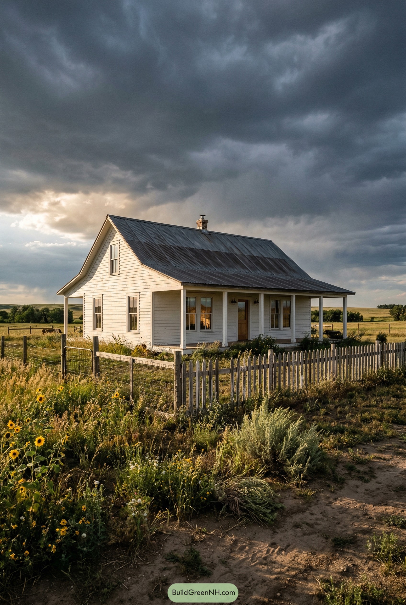 White farmhouse with porch and picket fence