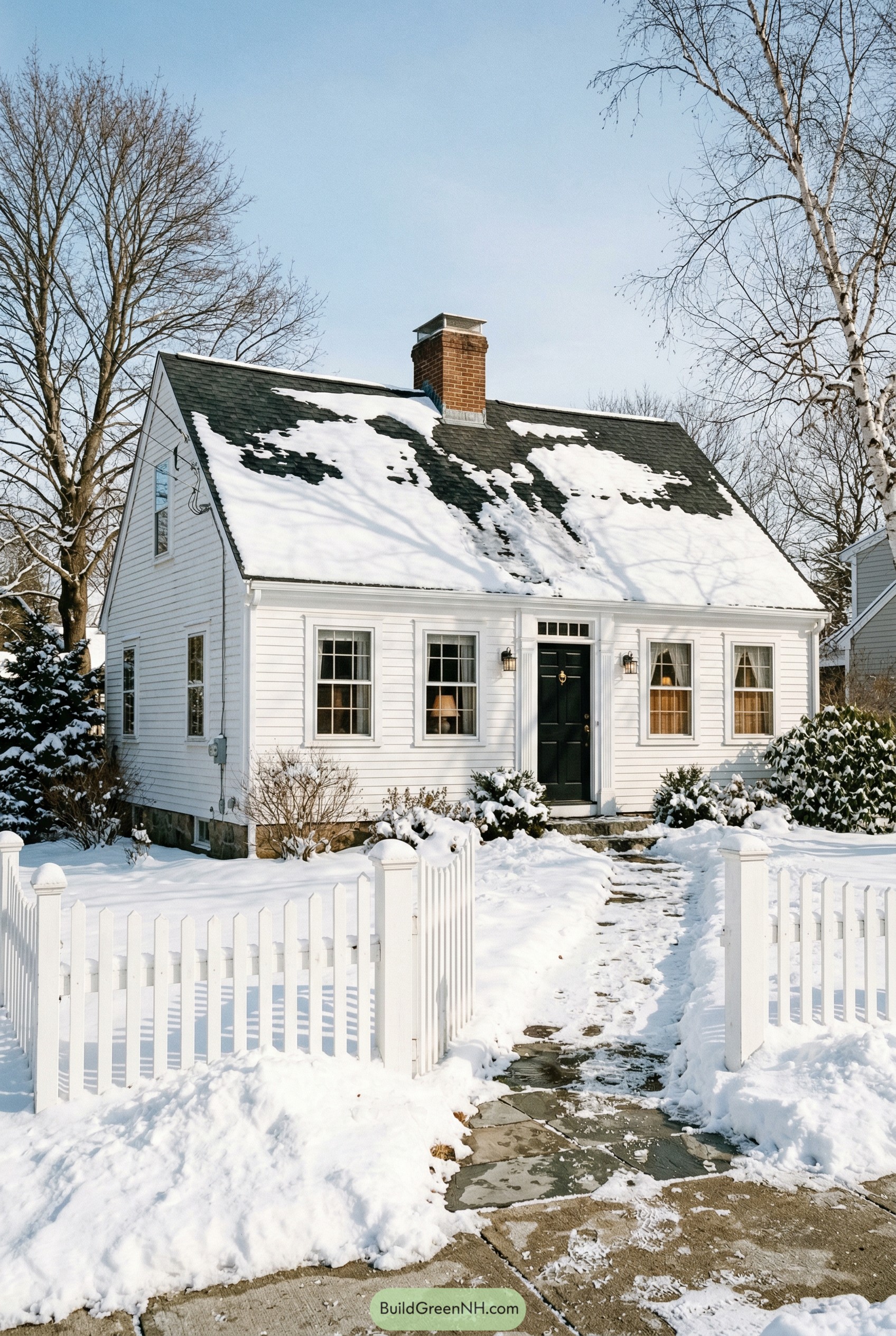 White Cape Cod house with picket fence in snow