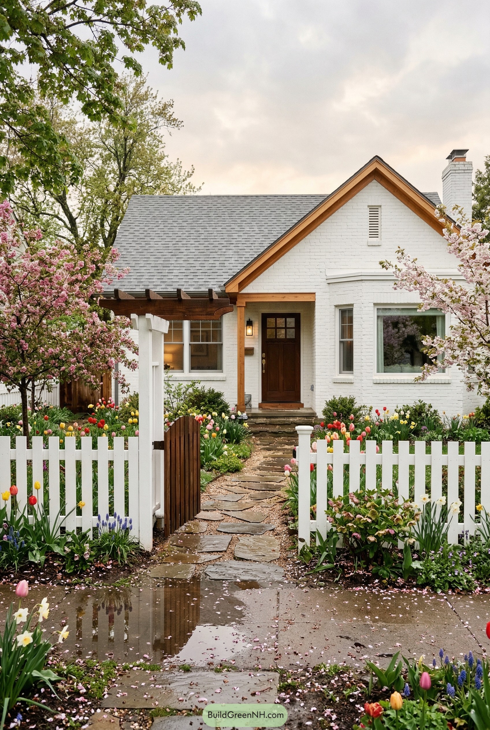 White brick gabled home with picket fence and spring garden