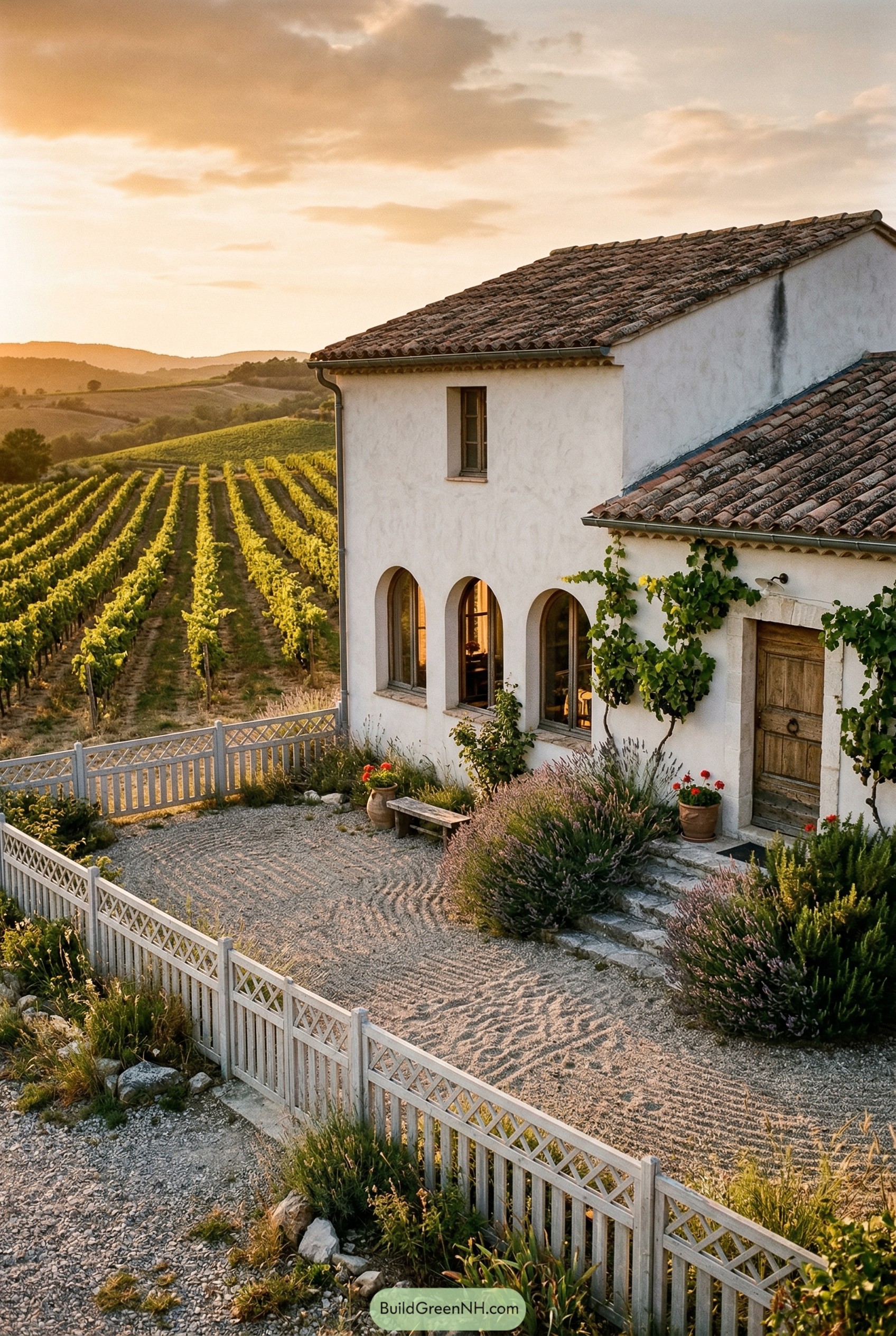 White stucco villa with arched windows and lattice fence by vineyards