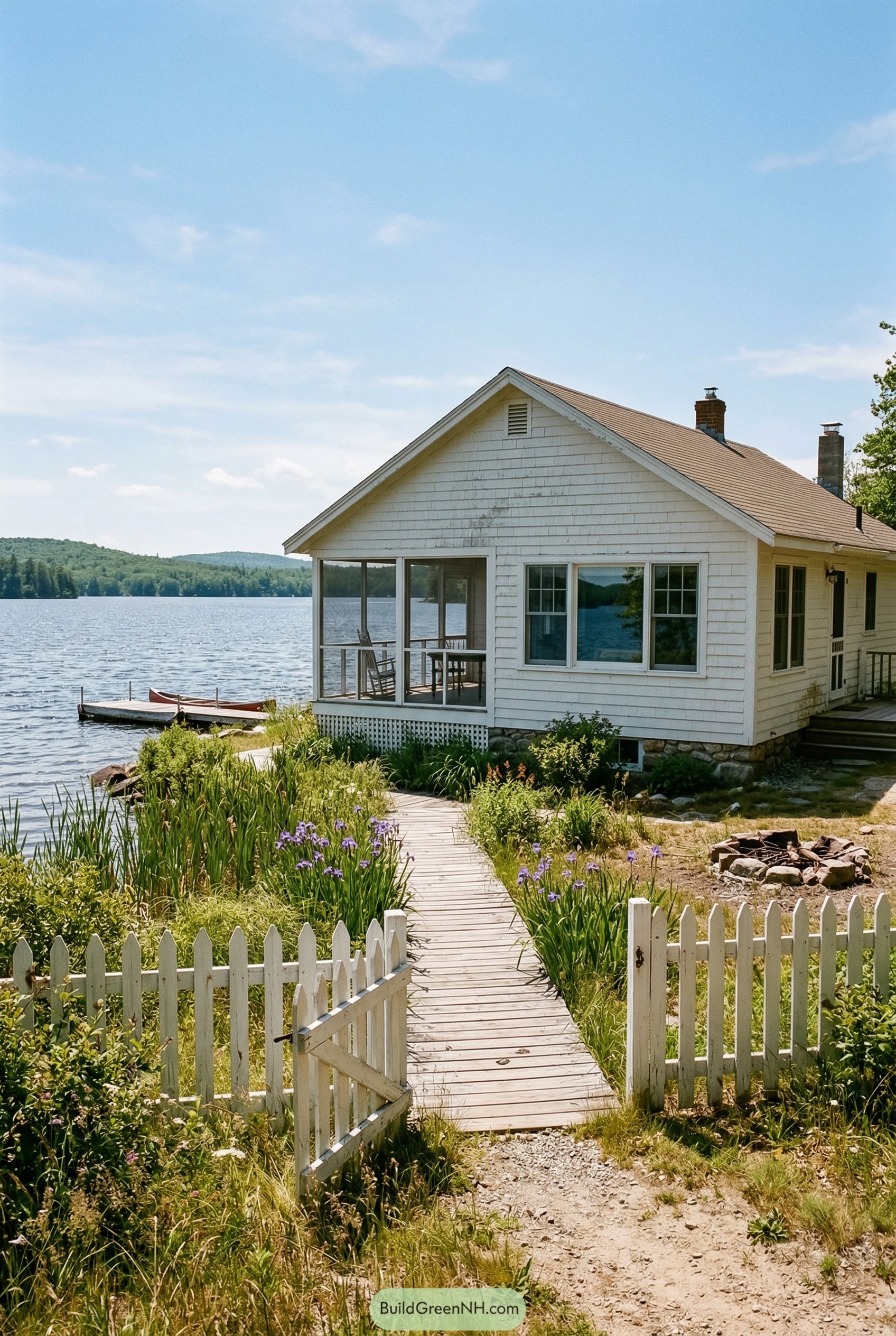 White lakeside cottage with picket gate