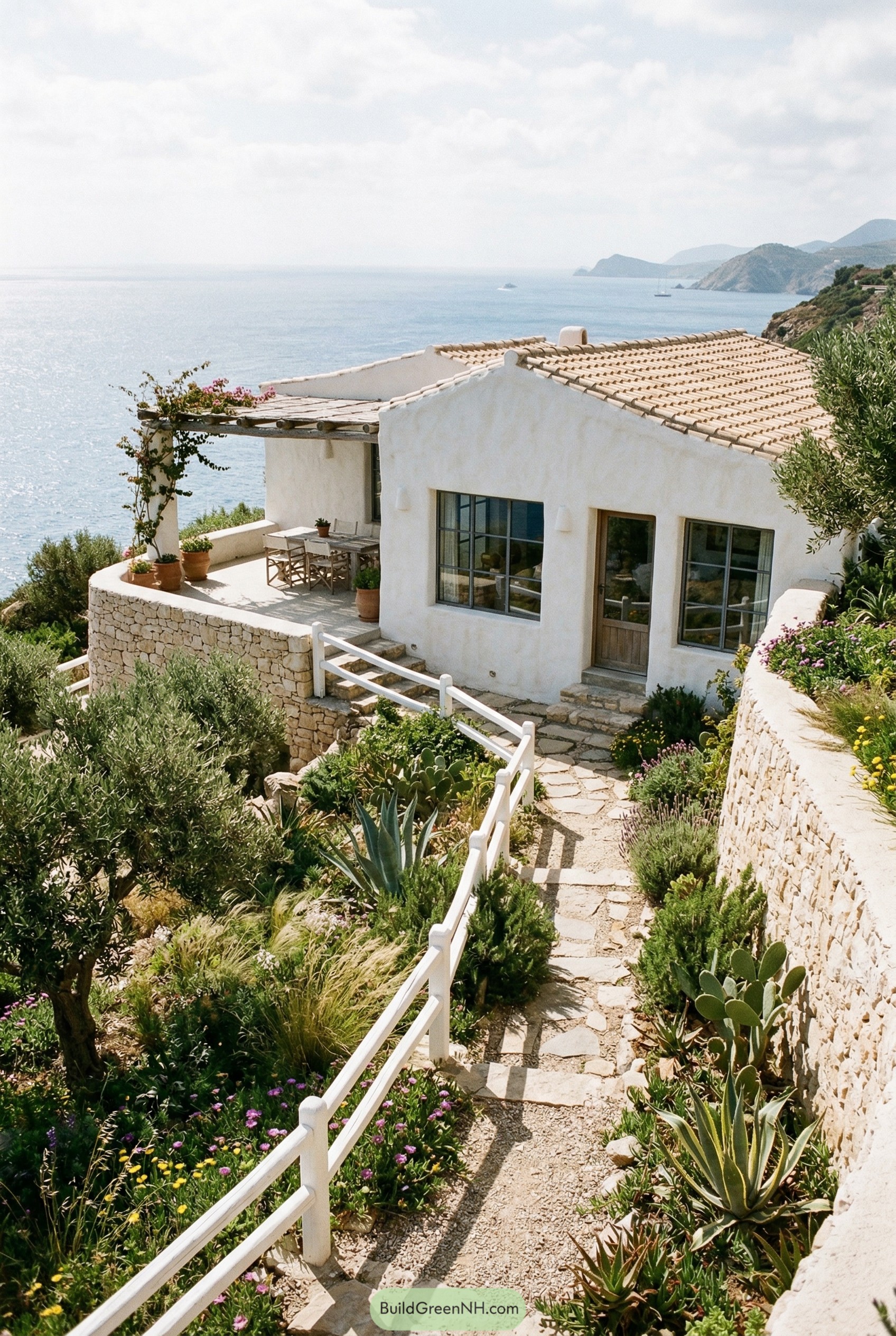 White stucco cliffside cottage with white rail fence