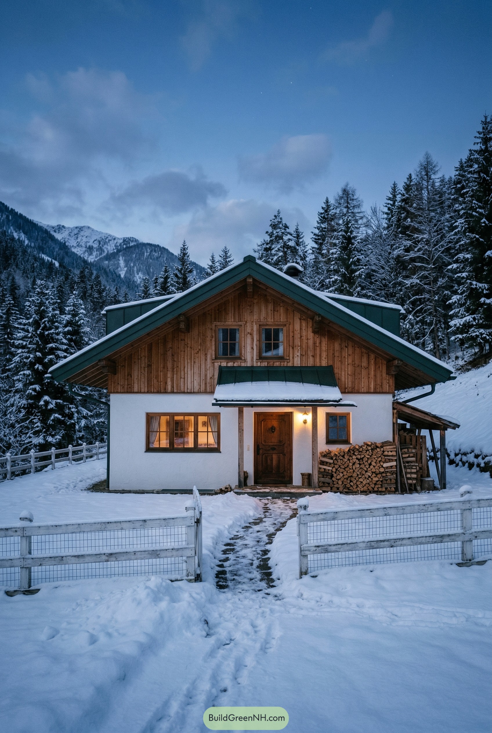 Snowy chalet behind a white rail fence