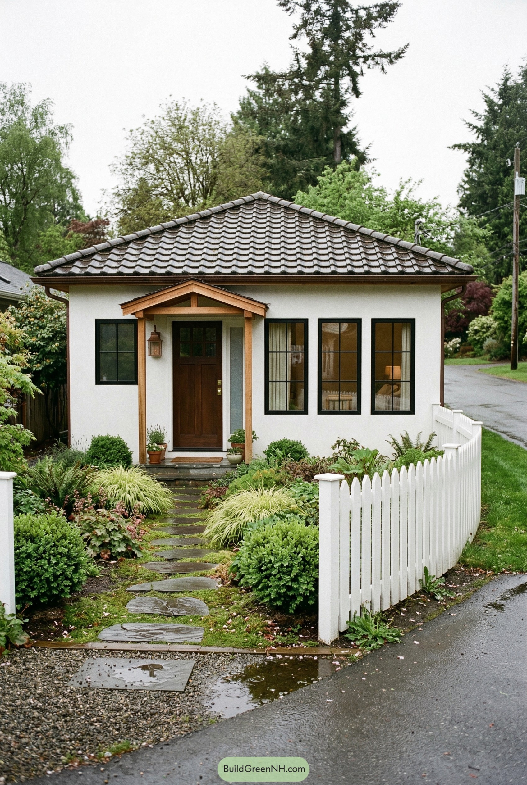 White stucco bungalow with white picket fence