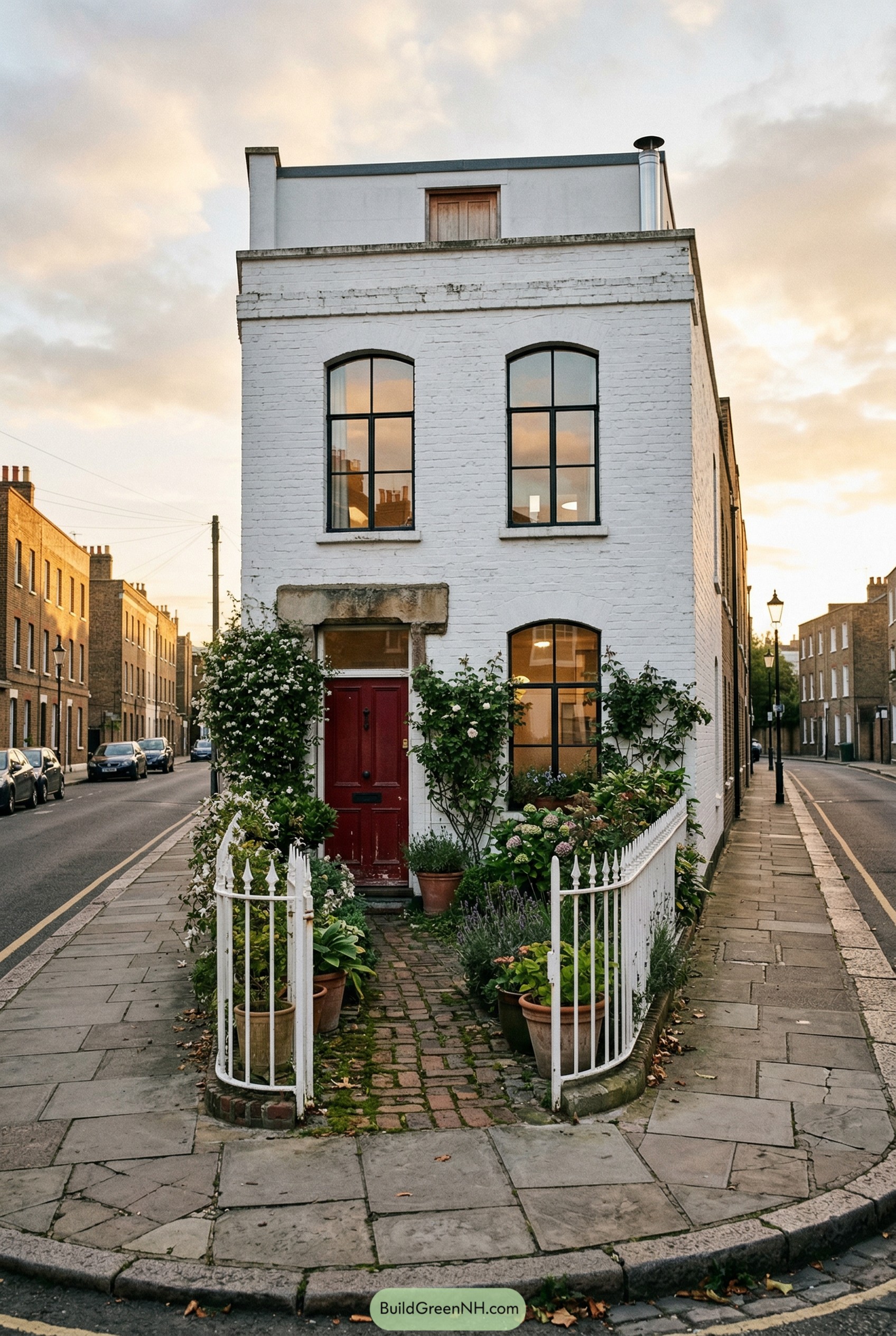 White brick corner townhouse with curved white fence