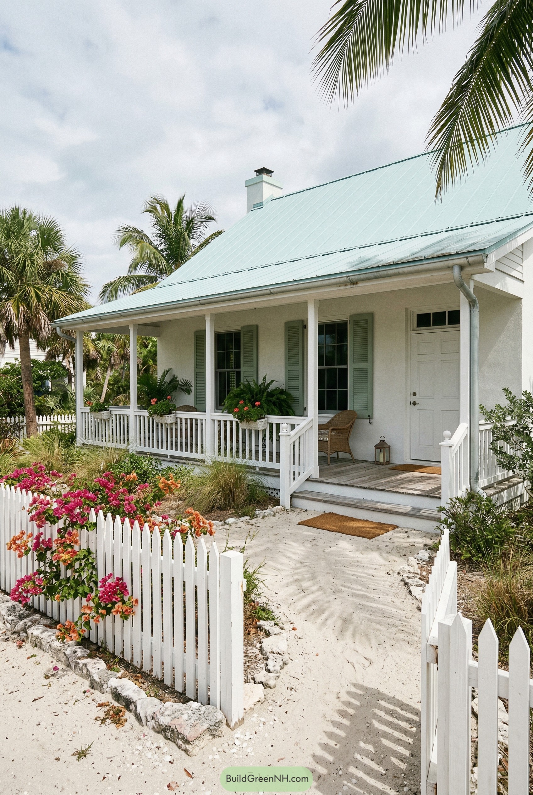 White beach house with porch and picket fence