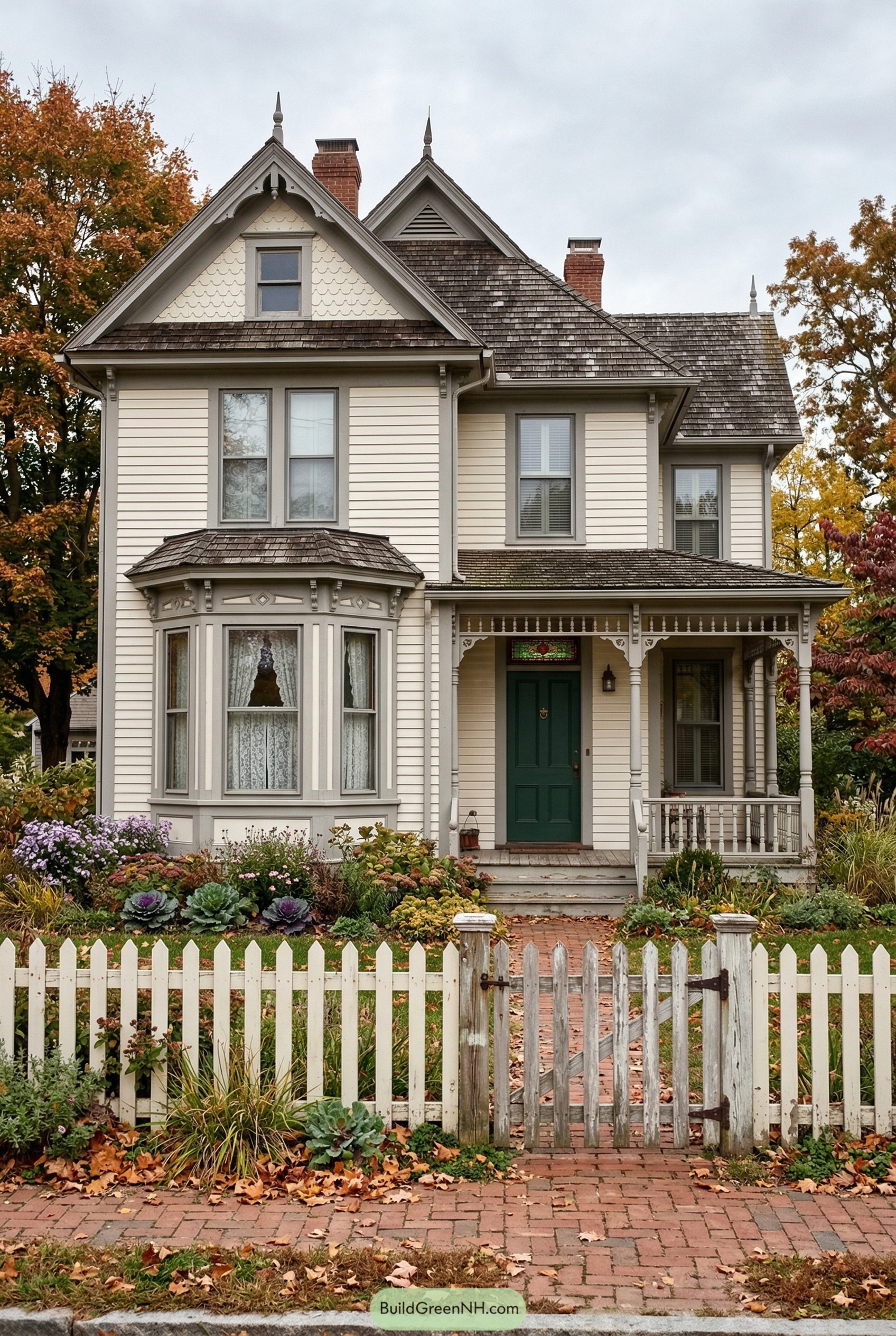Cream Victorian house with white picket fence