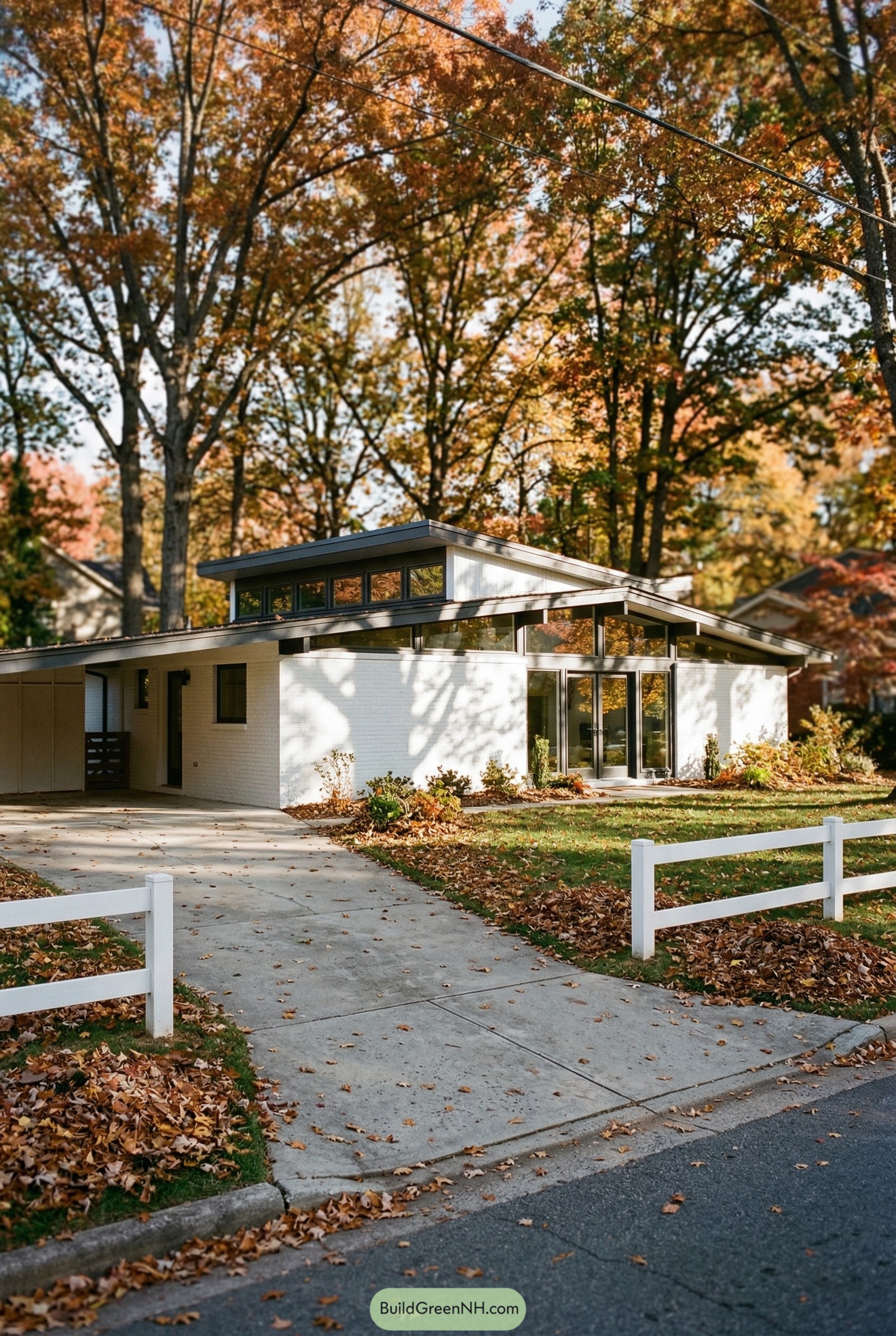 White atomic ranch with rail fence