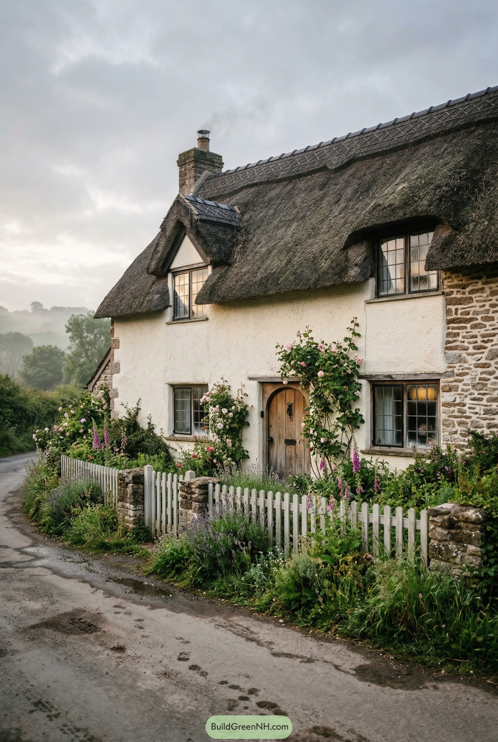 Thatched cottage with white picket fence and roses